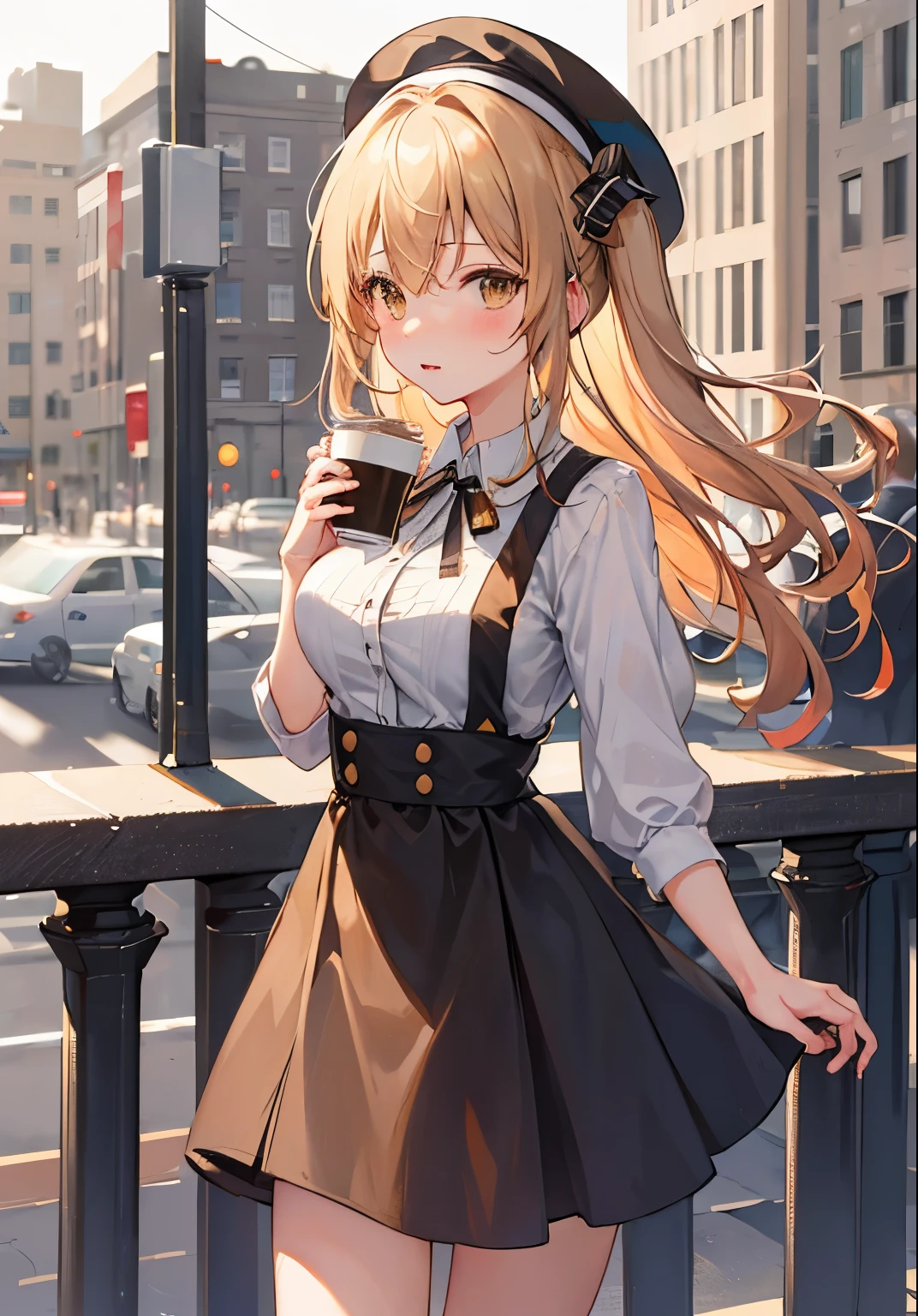 ((masterpiece, best quality)), 1girl, shiina mahiru, anime, coffee, cup, solo, dress, holding, city, buildings, hat, outdoors, bangs, expressionless, blush, blonde hair, city field, black gun, yellow eyes, black dress, looking at viewer, medium hair, holding a cup of coffee, medium breasts, transparent cup, holding cup, white headwear, depth of field,