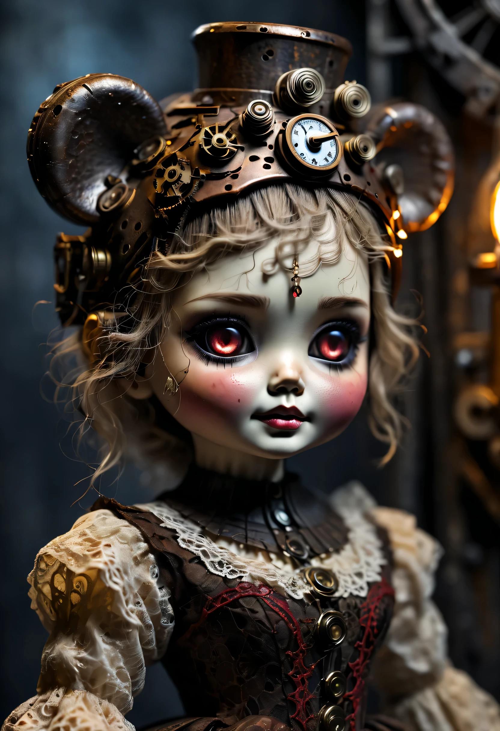 Doll design，Mechanical dolls，（Mechanical control of teddy bear doll），Mechanical clockwork，gear，Mechanical device base，Insert the top screw key into the back of the doll，realism，dramatic lighting，Aged and weathered appearance，Steampunk elements，Eerie and surreal atmosphere，Intricate lace pattern，Like composition，exquisite craft，Gothic aesthetics，strange beauty+，[high dynamic range]，[Fear]，[concept artist]，[keen focus]，[main]，[bright colors]，[Bokeh]，long range shot，See deeply，