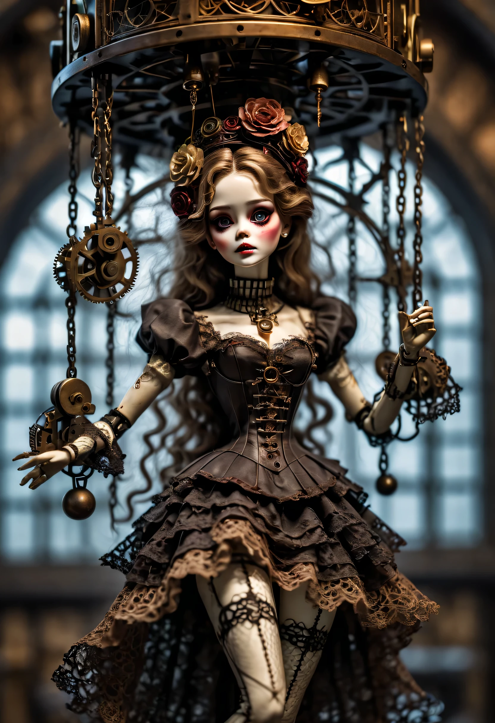 Doll design，Mechanical dolls，mechanical control doll，Dolls swing and dance，Mechanical clockwork，gear，Mechanical device base，realism，dramatic lighting，Aged and weathered appearance，Steampunk elements，Eerie and surreal atmosphere，Intricate lace pattern，Like composition，exquisite craft，Gothic aesthetics，strange beauty+，[high dynamic range]，[Fear]，[concept artist]，[keen focus]，[main]，[bright colors]，[Bokeh]，long range shot，See deeply，