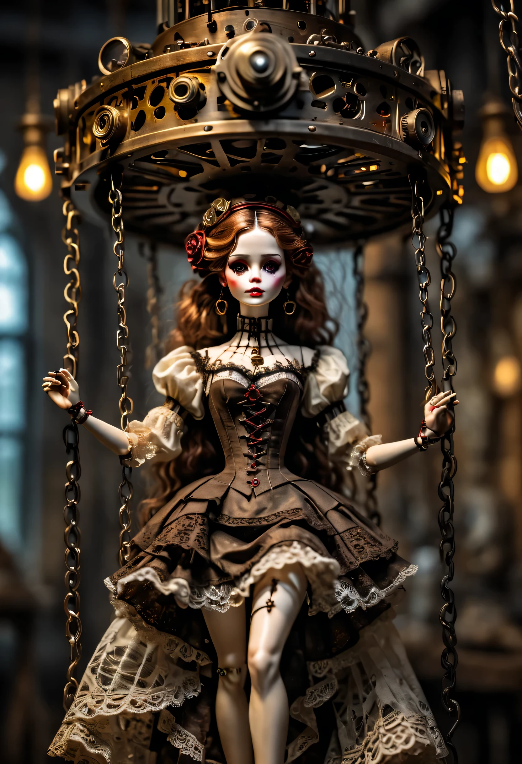 Doll design，Mechanical dolls，mechanical control doll，Dolls swing and dance，Mechanical clockwork，gear，Mechanical device base，realism，dramatic lighting，Aged and weathered appearance，Steampunk elements，Eerie and surreal atmosphere，Intricate lace pattern，Like composition，exquisite craft，Gothic aesthetics，strange beauty+，[high dynamic range]，[Fear]，[concept artist]，[keen focus]，[main]，[bright colors]，[Bokeh]，long range shot，See deeply，