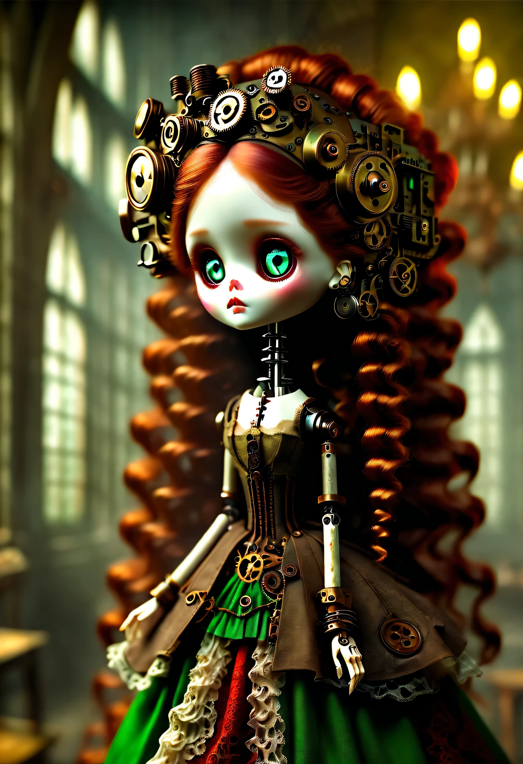 Doll design，Mechanical dolls，（Mechanical control of dolls），Mechanical clockwork，gear，Mechanical device base，Insert the top screw key into the back of the doll，Extra long wavy red head，green skirt，discover realism，dramatic lighting，Aged and weathered appearance，Steampunk elements，Eerie and surreal atmosphere，Intricate lace pattern，Like composition，exquisite craft，Gothic aesthetics，strange beauty+，[high dynamic range]，[Fear]，[concept artist]，[keen focus]，[main]，[bright colors]，[Bokeh]，long range shot，See deeply，
