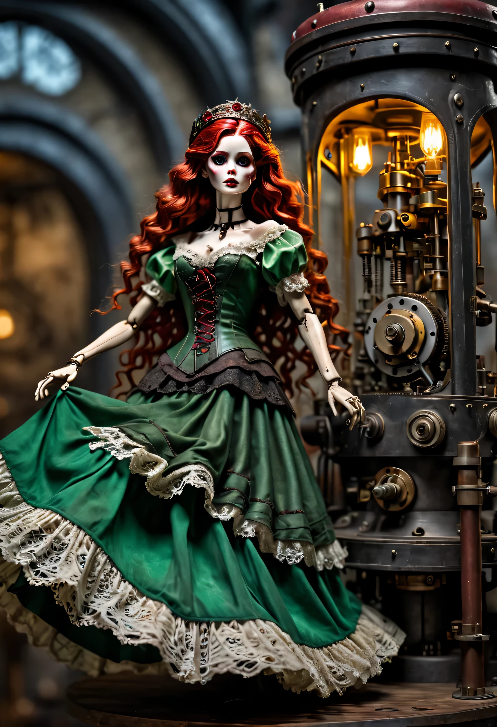 Doll design，Mechanical dolls，mechanical control doll，Dolls swing and dance，Mechanical clockwork，gear，Mechanical device base，Extra long wavy red head，green skirt，realism，dramatic lighting，Aged and weathered appearance，Steampunk elements，Eerie and surreal atmosphere，Intricate lace pattern，Like composition，exquisite craft，Gothic aesthetics，strange beauty+，[high dynamic range]，[Fear]，[concept artist]，[keen focus]，[main]，[bright colors]，[Bokeh]，long range shot，See deeply，