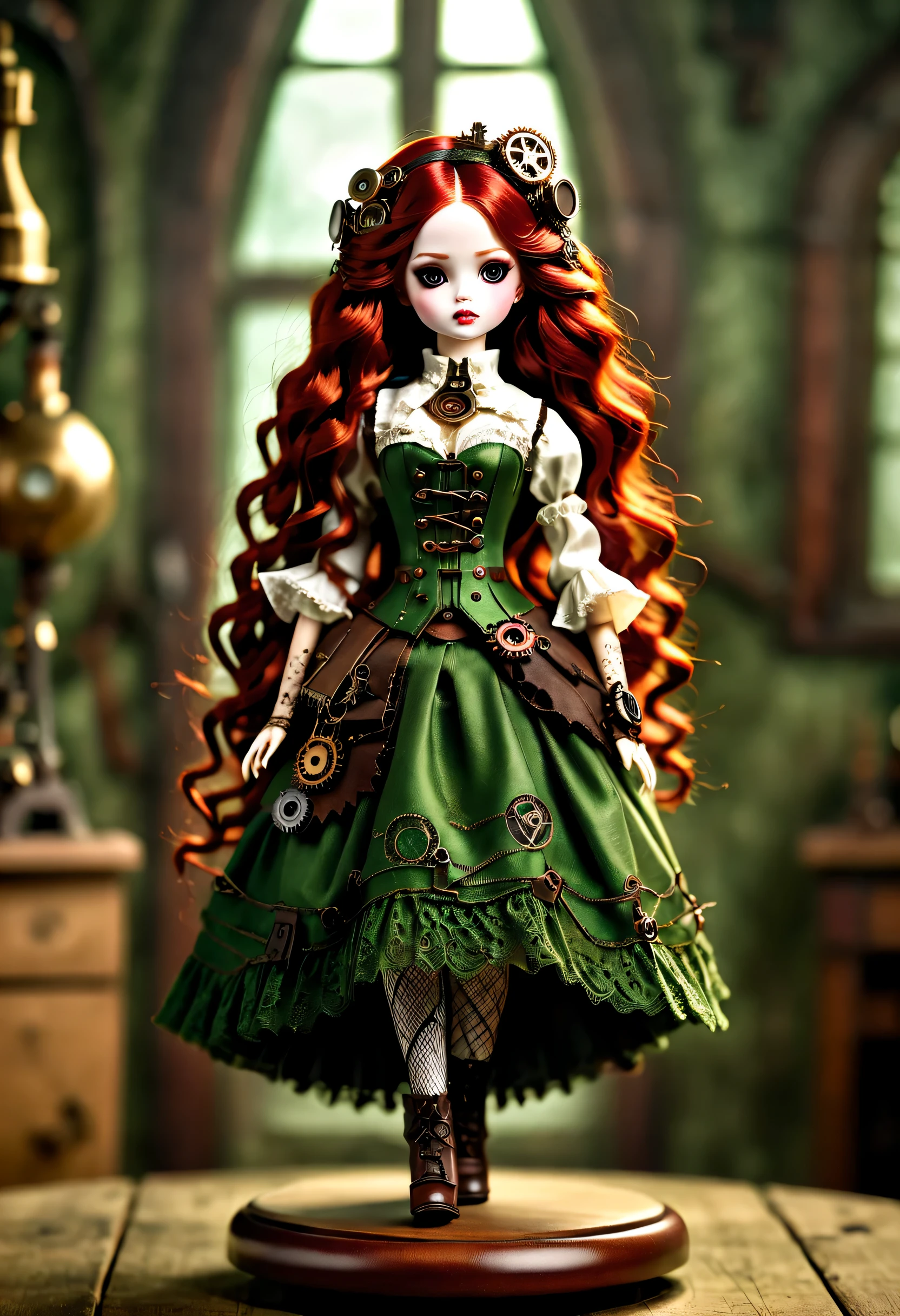 Doll design，Mechanical dolls，（机械gear和铁丝正在吊悬着控制着一个娃娃玩偶），Mechanical clockwork，gear，（Mechanical device wooden base），（Insert the top screw key into the back of the doll），Extra long wavy red head，green skirt，discover realism，dramatic lighting，Aged and weathered appearance，Steampunk elements，Eerie and surreal atmosphere，Intricate lace pattern，Like composition，exquisite craft，Gothic aesthetics，strange beauty+，[high dynamic range]，[Fear]，[concept artist]，[keen focus]，[main]，[bright colors]，[Bokeh]，long range shot，See deeply，