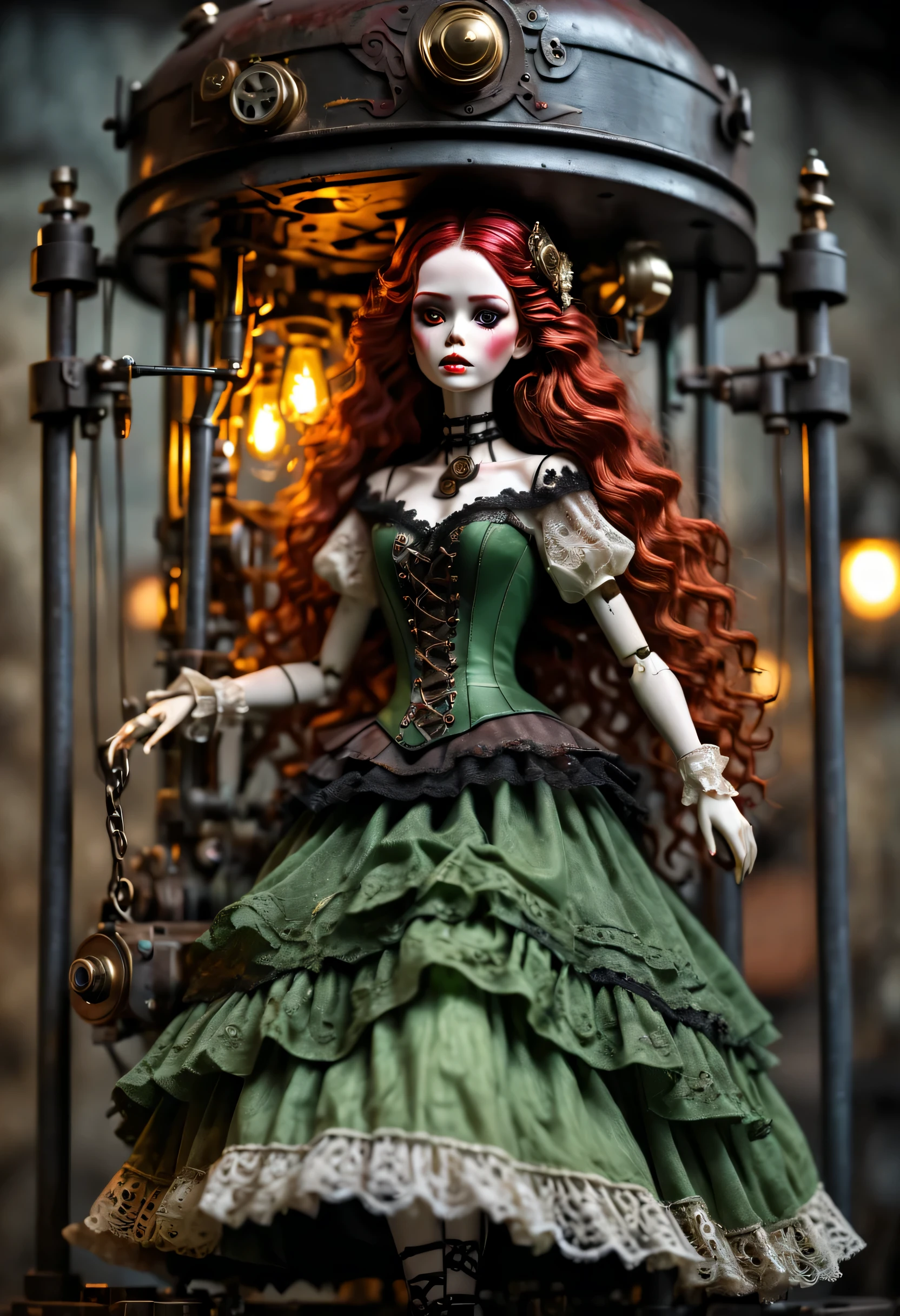 Doll design，Mechanical dolls，mechanical control doll，Dolls swing and dance，Mechanical clockwork，gear，Mechanical device base，Extra long wavy red head，green skirt，realism，dramatic lighting，Aged and weathered appearance，Internal mechanical fuselage steampunk elements，Eerie and surreal atmosphere，Intricate lace pattern，Like composition，exquisite craft，Gothic aesthetics，strange beauty+，[high dynamic range]，[Fear]，[concept artist]，[keen focus]，[main]，[bright colors]，[Bokeh]，long range shot，See deeply，