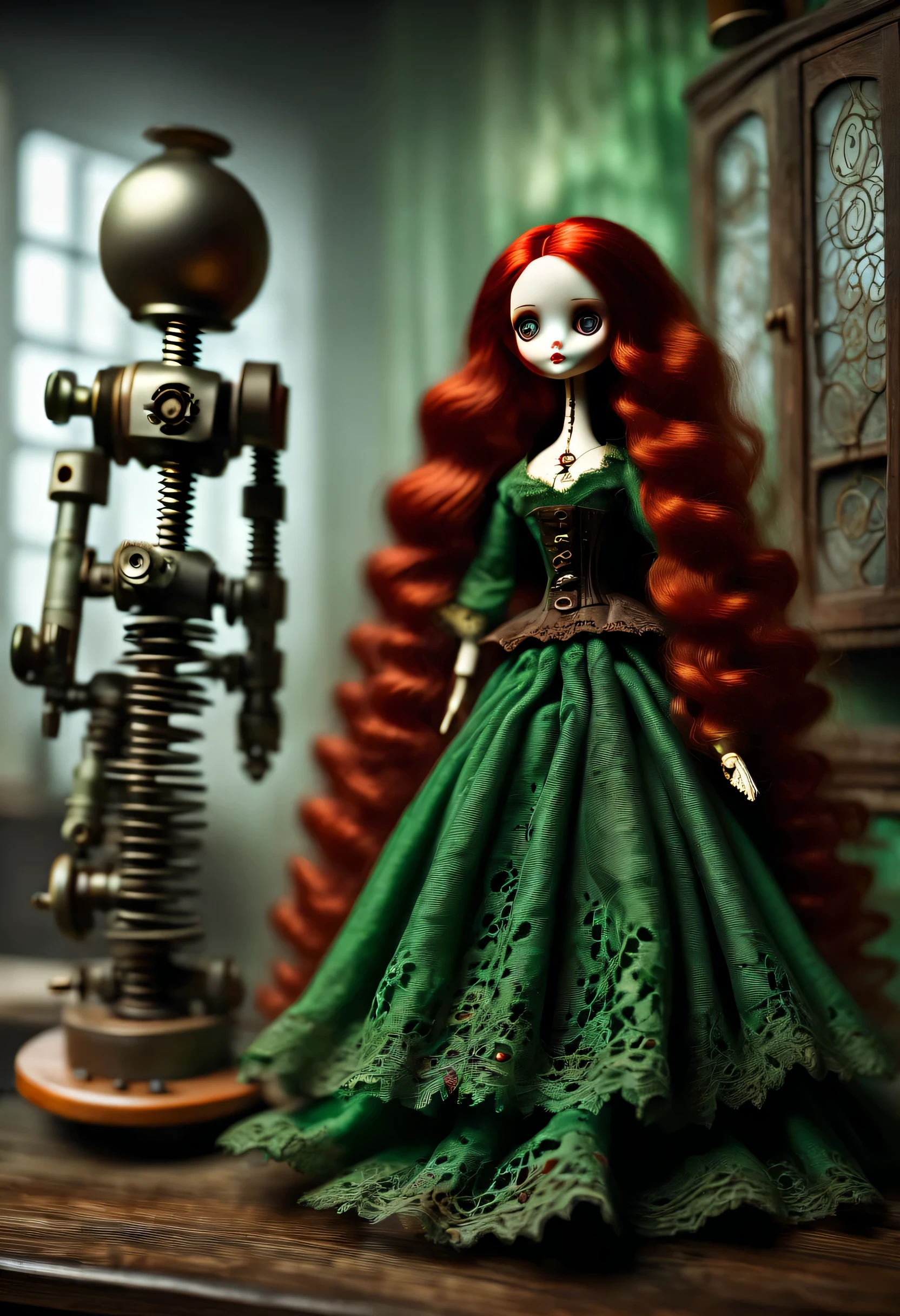 Doll design，Mechanical dolls，（机械gear和铁丝正在吊悬着控制着一个娃娃玩偶），Mechanical clockwork，gear，（Mechanical device wooden base），（Insert the top screw key into the back of the doll），Extra long wavy red head，green skirt，The doll spins wildly，dance，discover realism，dramatic lighting，Aged and weathered appearance，Steampunk elements，Eerie and surreal atmosphere，Intricate lace pattern，Like composition，exquisite craft，Gothic aesthetics，strange beauty+，[high dynamic range]，[Fear]，[concept artist]，[keen focus]，[main]，[bright colors]，[Bokeh]，long range shot，See deeply，