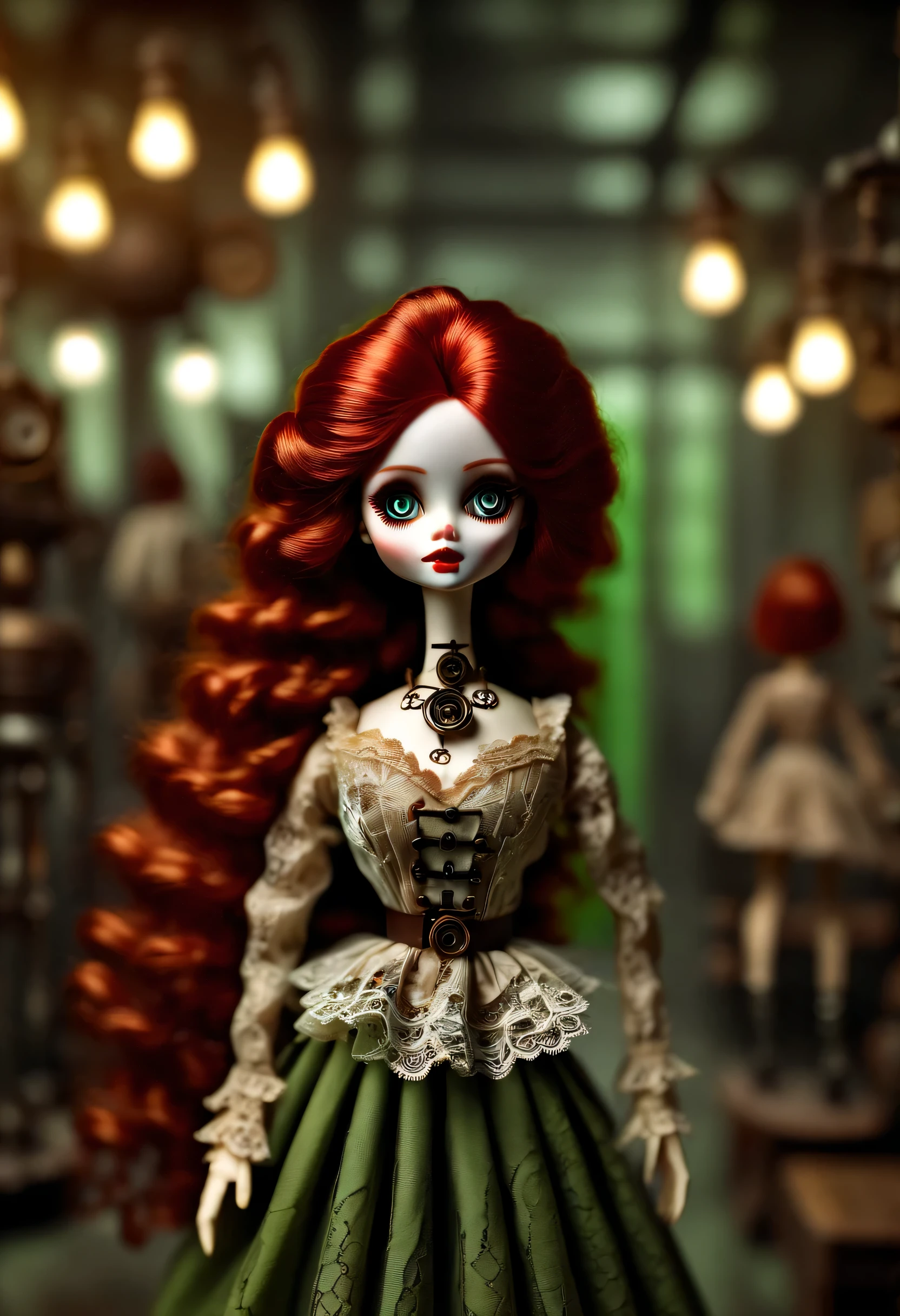 Doll design，Mechanical dolls，（机械gear和铁丝正在吊悬着控制着一个娃娃玩偶），Mechanical clockwork，gear，（Mechanical device wooden base），（Insert the top screw key into the back of the doll），Extra long wavy red head，green skirt，The doll spins wildly，dance，discover realism，dramatic lighting，Aged and weathered appearance，Steampunk elements，Eerie and surreal atmosphere，Intricate lace pattern，Like composition，exquisite craft，Gothic aesthetics，strange beauty+，[high dynamic range]，[Fear]，[concept artist]，[keen focus]，[main]，[bright colors]，[Bokeh]，long range shot，See deeply，