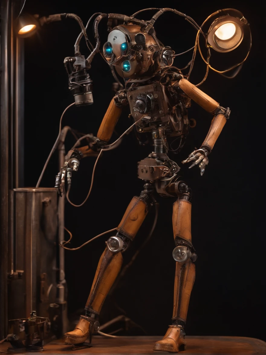 Create a complete mechanical puppet, legs and arms assembled from simulated studio equipment, a pair of headphones, neon eyes, Charming face