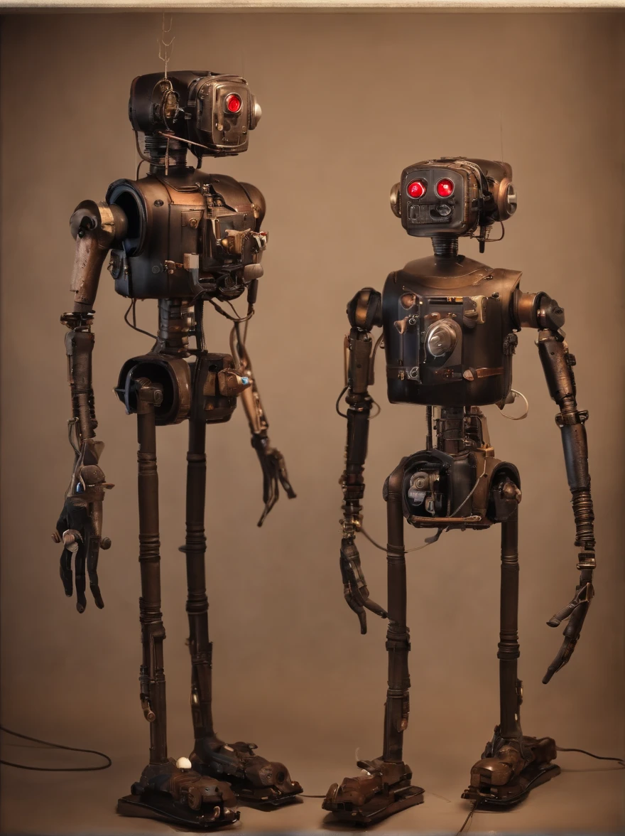 Create a complete mechanical puppet, legs and arms assembled from simulated studio equipment, a pair of headphones, neon eyes, Charming face