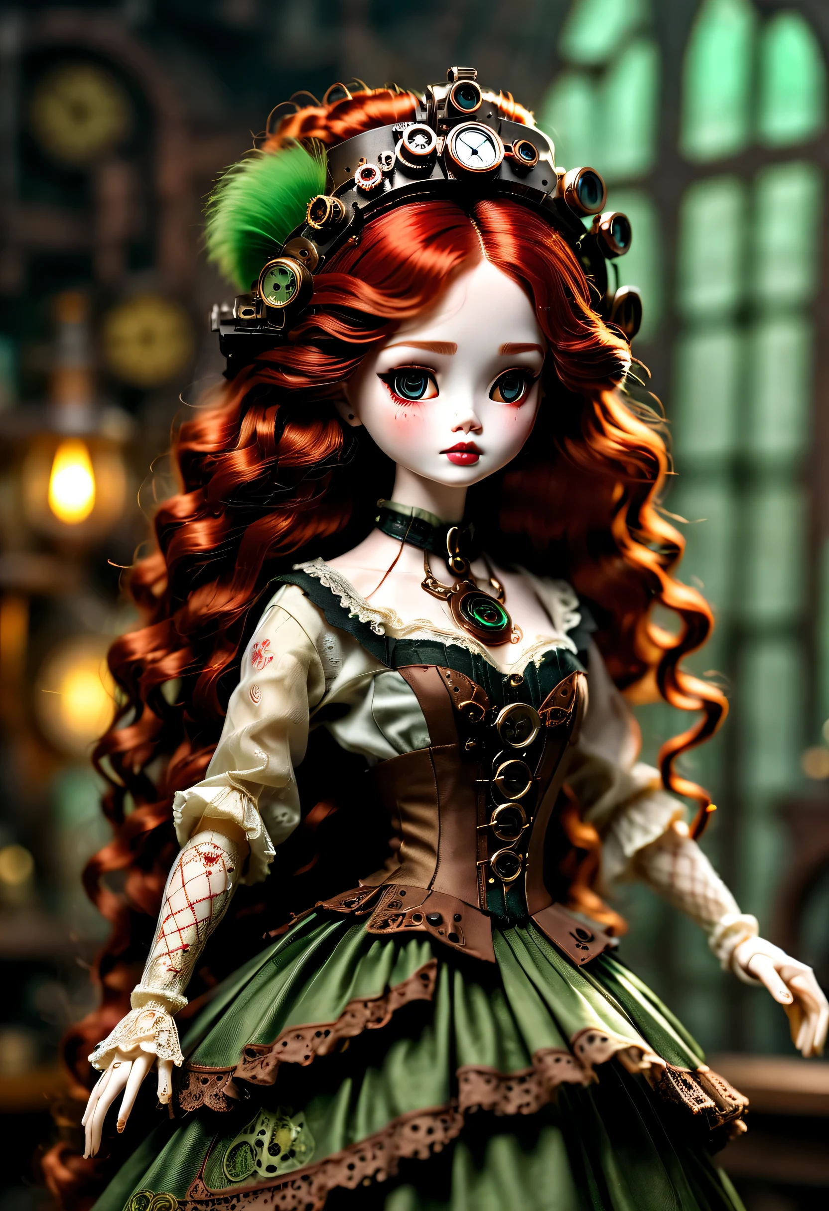 Doll design，Mechanical dolls，（机械gear和铁丝正在吊悬着控制着一个娃娃玩偶），Mechanical clockwork，gear，（Mechanical device wooden base），（Insert the top screw key into the back of the doll），Extra long wavy red head，green skirt，discover realism，dramatic lighting，Swirl light movement，Aged and weathered appearance，Steampunk elements，Eerie and surreal atmosphere，Intricate lace pattern，Like composition，exquisite craft，Gothic aesthetics，strange beauty+，[high dynamic range]，[Fear]，[concept artist]，[keen focus]，[main]，[bright colors]，[Bokeh]，long range shot，See deeply，