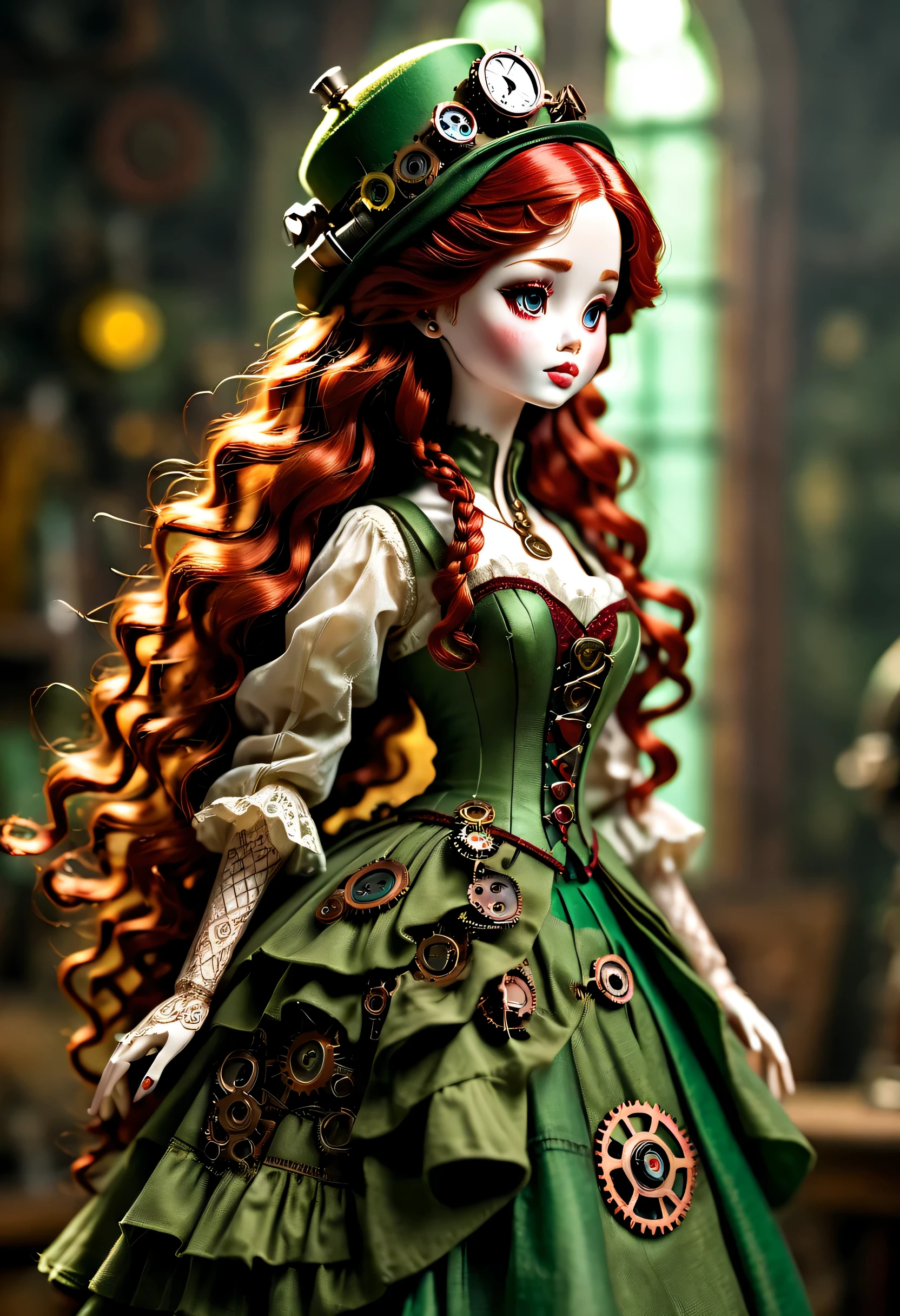 Doll design，Mechanical dolls，（机械gear和铁丝正在吊悬着控制着一个娃娃玩偶），Mechanical clockwork，gear，（Mechanical device wooden base），（Insert the top screw key into the back of the doll），Extra long wavy red head，green skirt，discover realism，dramatic lighting，Swirl light movement，Aged and weathered appearance，Steampunk elements，Eerie and surreal atmosphere，Intricate lace pattern，Like composition，exquisite craft，Gothic aesthetics，strange beauty+，[high dynamic range]，[Fear]，[concept artist]，[keen focus]，[main]，[bright colors]，[Bokeh]，long range shot，See deeply，