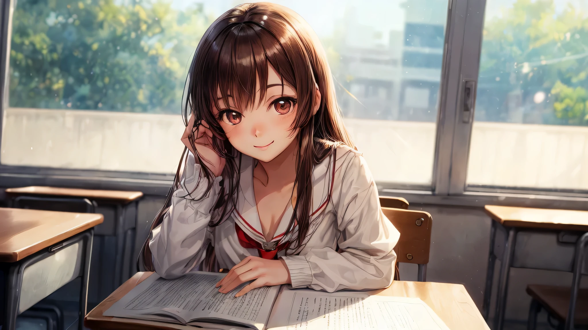 1young girl, long hair, brown eyes, (smile slightly, Innocent and cute expression), model, Enchanting, Sublime, Ethereal, fantastic, indoors, (Bokeh), (anime , anime illustration), school, classroom, depth of fields,