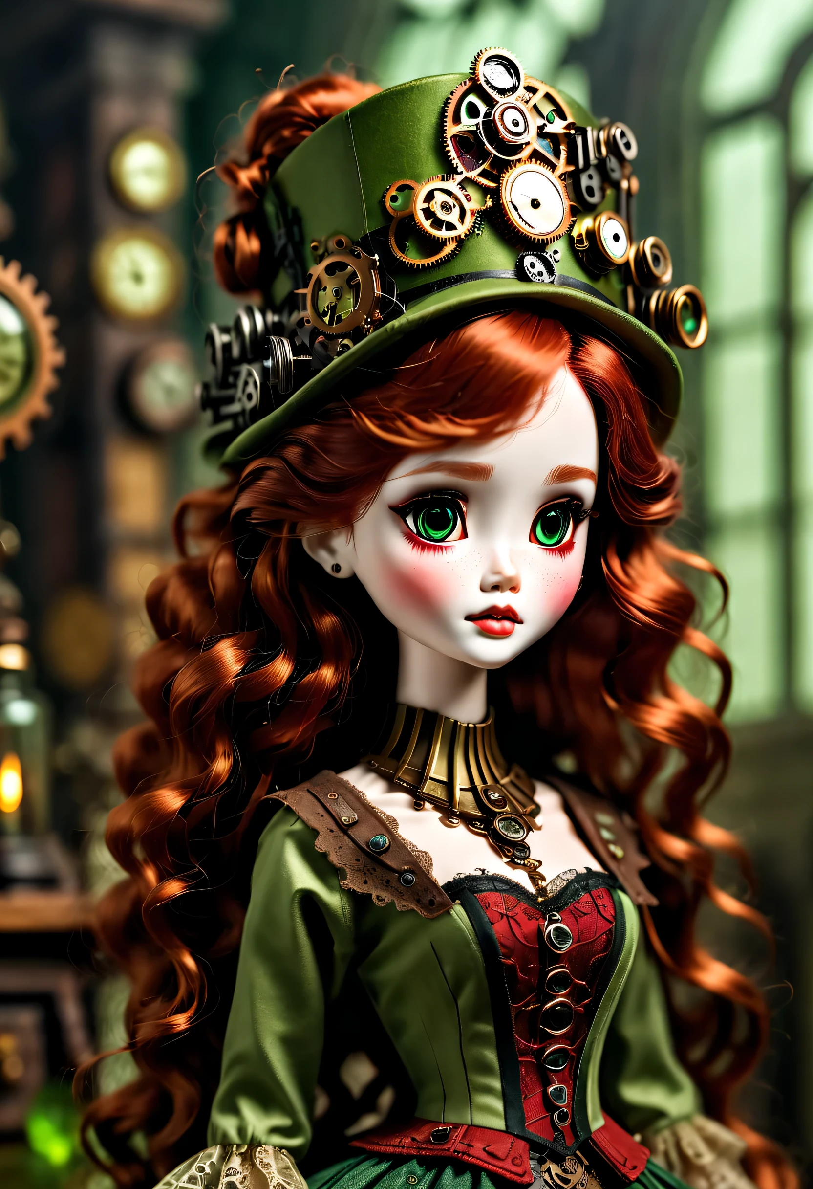 Doll design，Mechanical dolls，（机械gear和铁丝正在吊悬着控制着一个娃娃玩偶），Mechanical clockwork，gear，（Mechanical device wooden base），（Insert the top screw key into the back of the doll），Extra long wavy red head，green skirt，discover realism，dramatic lighting，Aged and weathered appearance，Steampunk elements，Eerie and surreal atmosphere，Intricate lace pattern，Like composition，exquisite craft，Gothic aesthetics，strange beauty+，[high dynamic range]，[Fear]，[concept artist]，[keen focus]，[main]，[bright colors]，[Bokeh]，long range shot，See deeply，