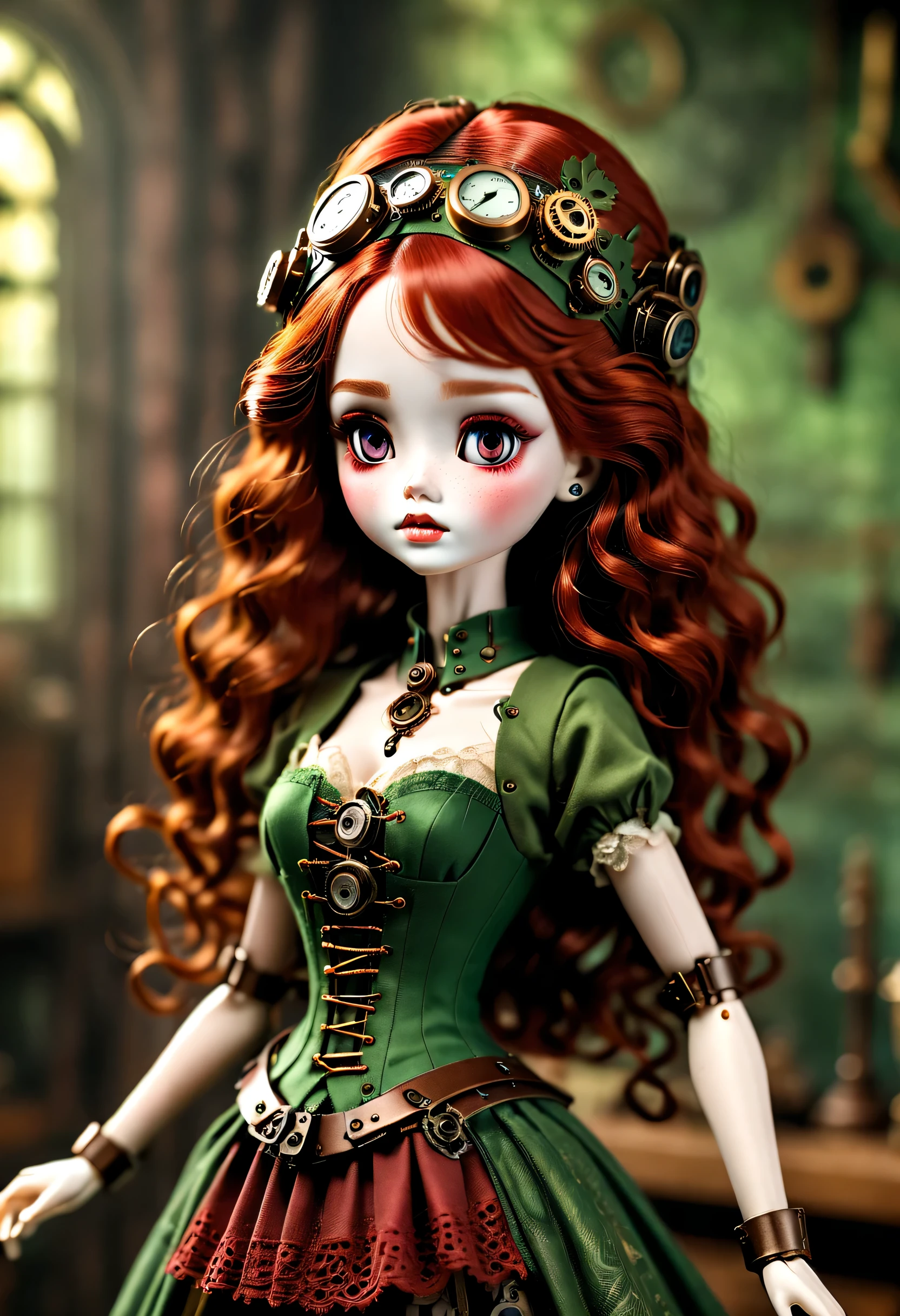 Doll design，Mechanical dolls，（机械gear和铁丝正在吊悬着控制着一个娃娃玩偶），Mechanical clockwork，gear，（Mechanical device wooden base），（Insert the top screw key into the back of the doll），Extra long wavy red head，green skirt，discover realism，dramatic lighting，Aged and weathered appearance，Steampunk elements，Eerie and surreal atmosphere，Intricate lace pattern，Like composition，exquisite craft，Gothic aesthetics，strange beauty+，[high dynamic range]，[Fear]，[concept artist]，[keen focus]，[main]，[bright colors]，[Bokeh]，long range shot，See deeply，