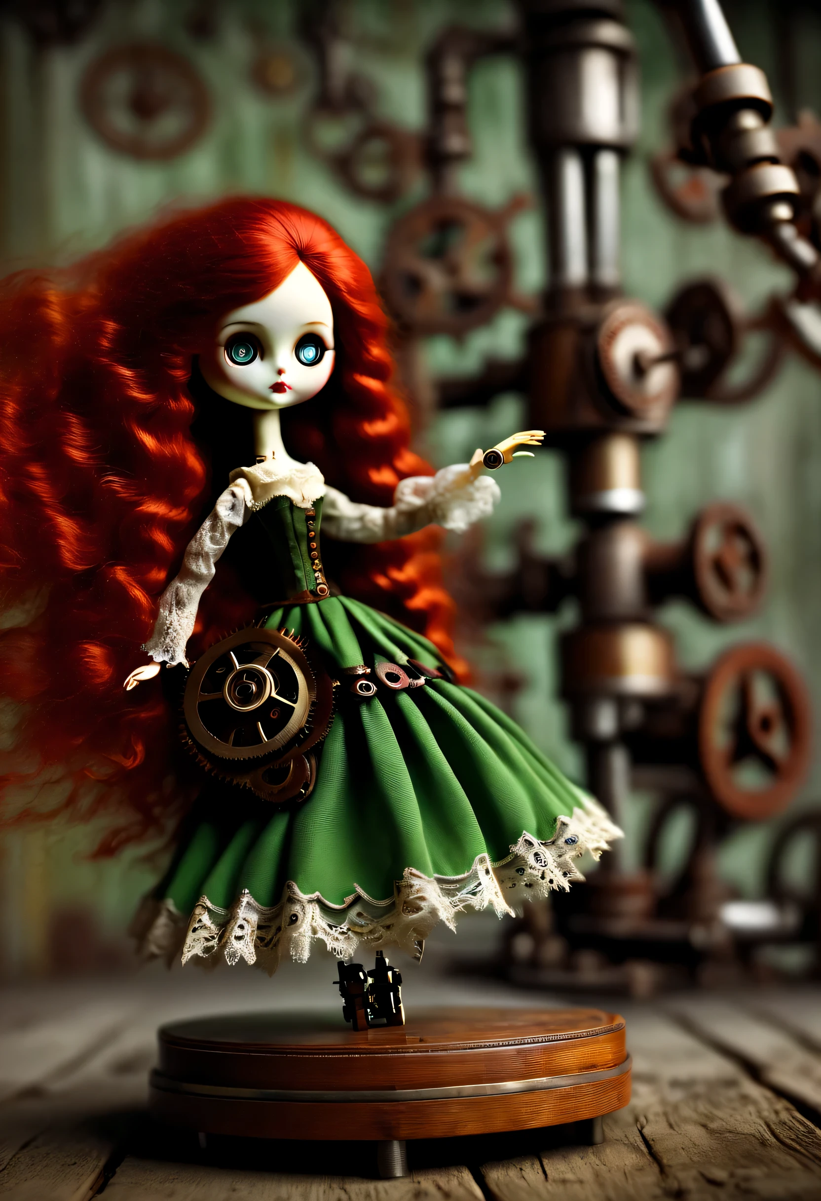 Doll design，Mechanical dolls，（机械gear和铁丝正在吊悬着控制着一个娃娃玩偶），Mechanical clockwork，gear，（Mechanical device wooden base：0.65），（Insert the top screw key into the back of the doll），Extra long wavy red head，green skirt，The doll spins wildly on the mechanical base，dance，discover realism，dramatic lighting，Aged and weathered appearance，Steampunk elements，Eerie and surreal atmosphere，Intricate lace pattern，Like composition，exquisite craft，Gothic aesthetics，strange beauty+，[high dynamic range]，[Fear]，[concept artist]，[keen focus]，[main]，[bright colors]，[Bokeh]，long range shot，See deeply，