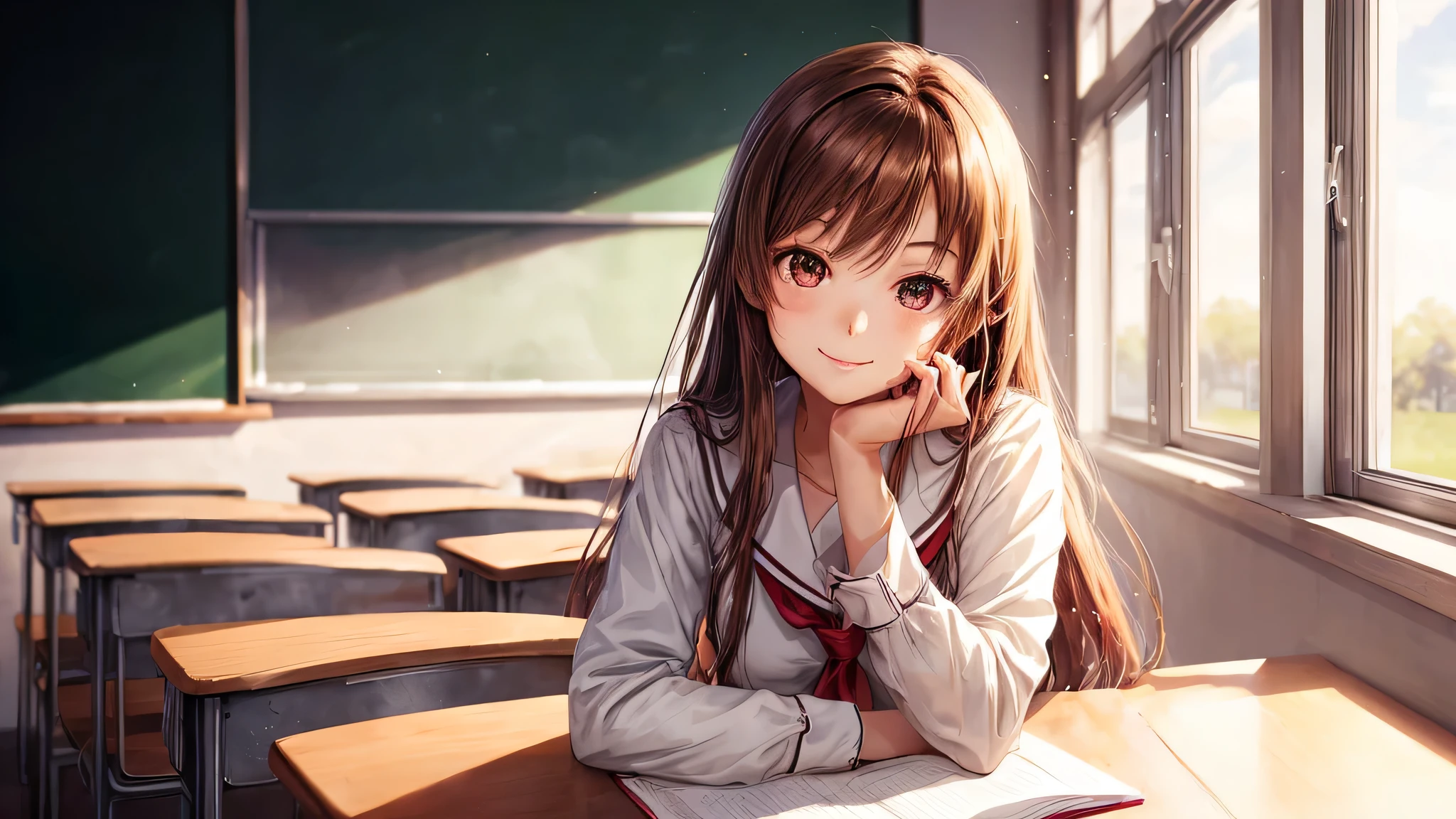 1young girl, long hair, brown eyes, (smile slightly, Innocent and cute expression), model, Enchanting, Sublime, Ethereal, fantastic, indoors, (Bokeh), (anime , anime illustration), school, classroom, depth of fields,