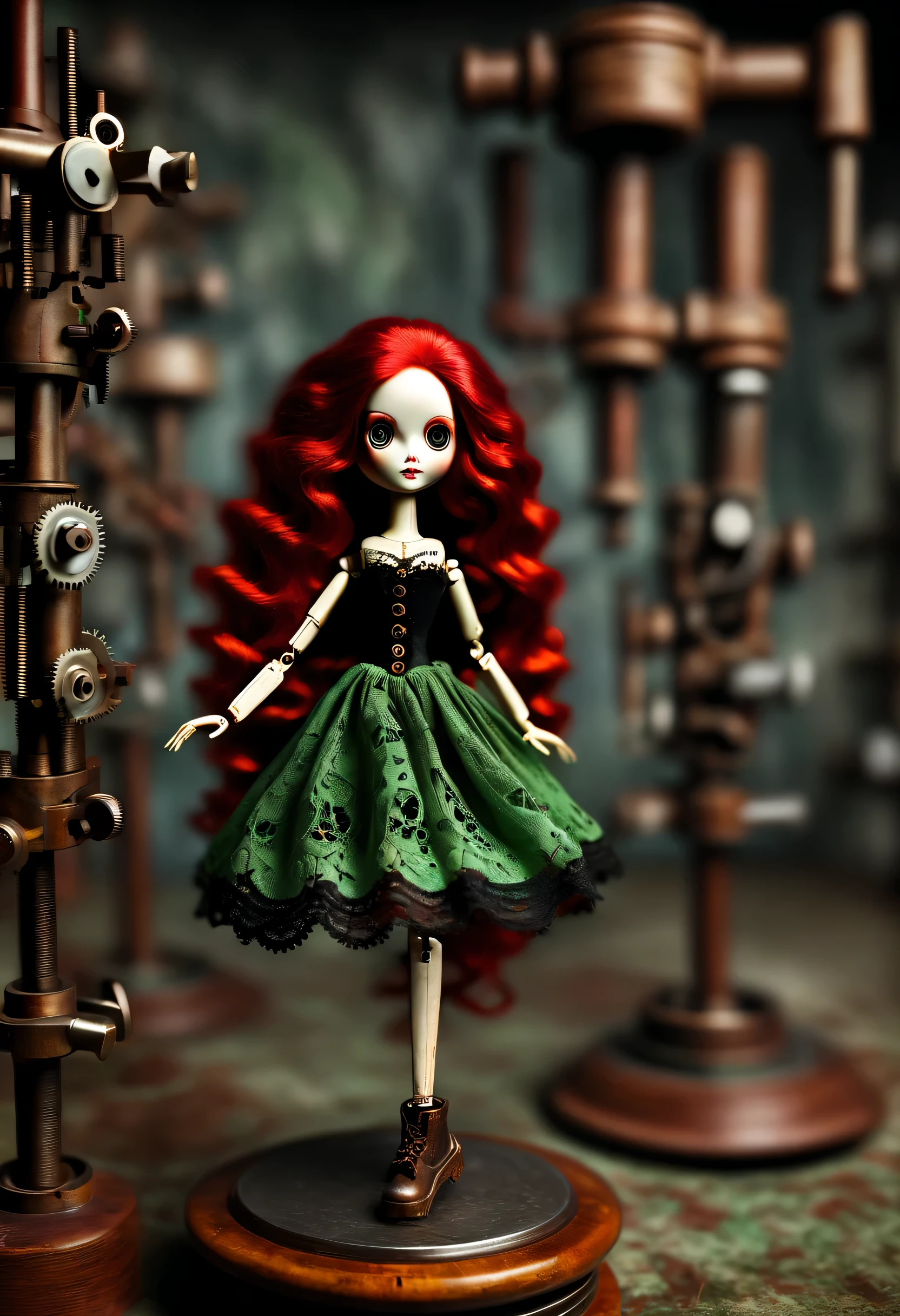 Doll design，Mechanical dolls，（机械gear和铁丝正在吊悬着控制着一个娃娃玩偶），Mechanical clockwork，gear，（Mechanical device wooden base：0.65），（Insert the top screw key into the back of the doll），Extra long wavy red head，green skirt，The doll spins wildly on the mechanical base，dance，discover realism，dramatic lighting，Aged and weathered appearance，Steampunk elements，Eerie and surreal atmosphere，Intricate lace pattern，Like composition，exquisite craft，Gothic aesthetics，strange beauty+，[high dynamic range]，[Fear]，[concept artist]，[keen focus]，[main]，[bright colors]，[Bokeh]，long range shot，See deeply，