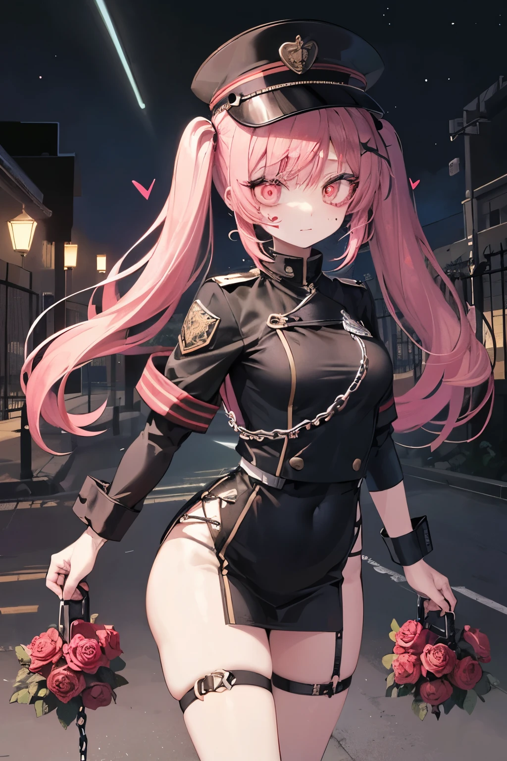 A  girl who is a guard guarding a prison.、twintail pink hair、first round、night、military uniform and hat、cute、dark pink eyes、pink chain、A fantastic space where lots of roses fall、A lot of bullets are rolling around、hold a gun、heart、put on handcuffs、heavy makeup、It&#39;s crazy、sexy
