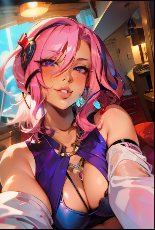 blush, smile,glowing aura, natural light, masterpiece,  glossy skin, juicy lips , ,sexy, hot, evil,juicy lips hour glass, , juicy lips, , slender body, small , huge ass, pink hair, short pink hair,looking up, smile, ultra detailed , , ((wavey hair)), purple eyes, selfie, short hair,