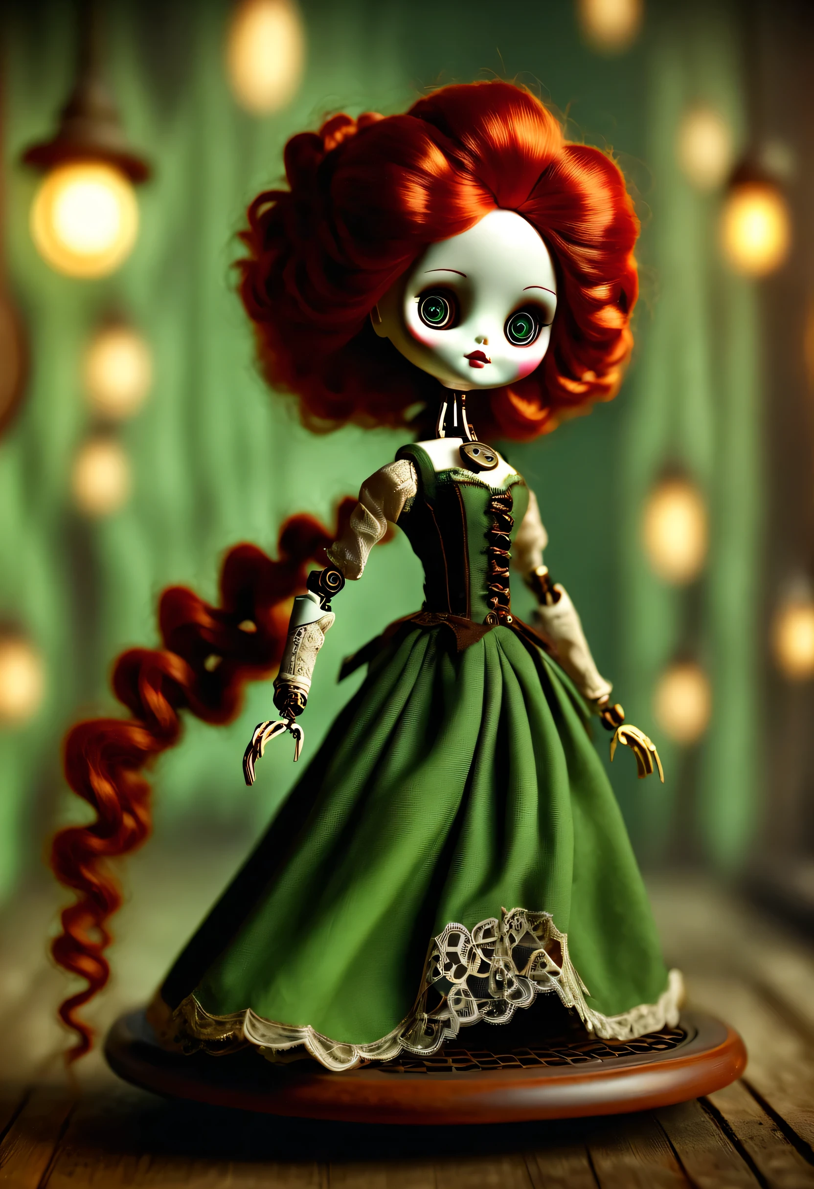 Doll design，Mechanical dolls，（机械gear和铁丝正在吊悬着控制着一个娃娃玩偶），Mechanical clockwork，gear，（Mechanical device wooden base），（Insert the top screw key into the back of the doll），Extra long wavy red head，green skirt，The doll spins wildly，mechanical limbs，dance，discover realism，dramatic lighting，Aged and weathered appearance，Steampunk elements，Eerie and surreal atmosphere，Intricate lace pattern，Like composition，exquisite craft，Gothic aesthetics，strange beauty+，[high dynamic range]，[Fear]，[concept artist]，[keen focus]，[main]，[bright colors]，[Bokeh]，long range shot，See deeply，
