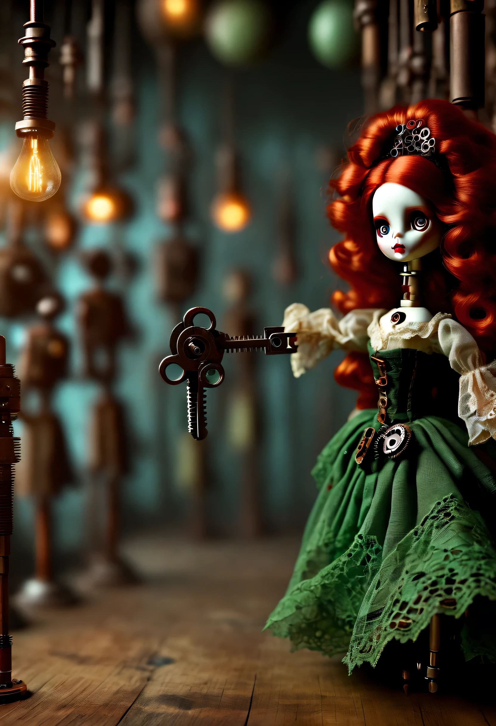 Doll design，Mechanical dolls，（机械gear和铁丝正在吊悬着控制着一个娃娃玩偶），Mechanical clockwork，gear，（Mechanical device wooden base），（Insert the top screw key into the back of the doll），Extra long wavy red head，green skirt，The doll spins wildly，mechanical limbs，dance，discover realism，dramatic lighting，Aged and weathered appearance，Steampunk elements，Eerie and surreal atmosphere，Intricate lace pattern，Like composition，exquisite craft，Gothic aesthetics，strange beauty+，[high dynamic range]，[Fear]，[concept artist]，[keen focus]，[main]，[bright colors]，[Bokeh]，long range shot，See deeply，