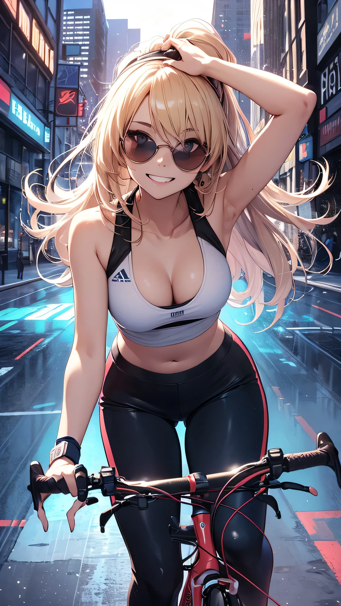 最high quality、best image quality、masterpiece、girl((20-year-old、 By becoming、vest bust、medium bust,wide open breast tea、shining eyes, blonde、long hair、thin,highest valley、ponytail、action of looking up、right arm bandage、Sportswear with a wide open chest、berry shorts、cool pose、holding a black smartphone、Cyber Sunglasses、ride a tourer bike、grin and laugh、forward leaning movement)),high quality、beautiful art、background((The road to the near future))、Flight、debris flies、Depth of written boundary、movie、visual art、perfect art、8k,genuine、