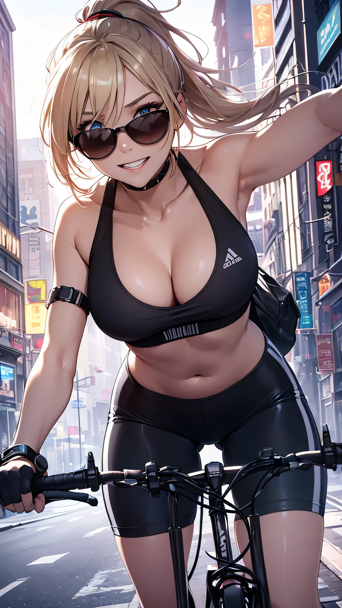 最high quality、best image quality、masterpiece、girl((20-year-old、 By becoming、vest bust、medium bust,wide open breast tea、shining eyes, blonde、long hair、thin,highest valley、ponytail、action of looking up、right arm bandage、Sportswear with a wide open chest、berry shorts、cool pose、holding a black smartphone、Cyber Sunglasses、ride a tourer bike、grin and laugh、forward leaning movement)),high quality、beautiful art、background((The road to the near future))、Flight、debris flies、Depth of written boundary、movie、visual art、perfect art、8k,genuine、
