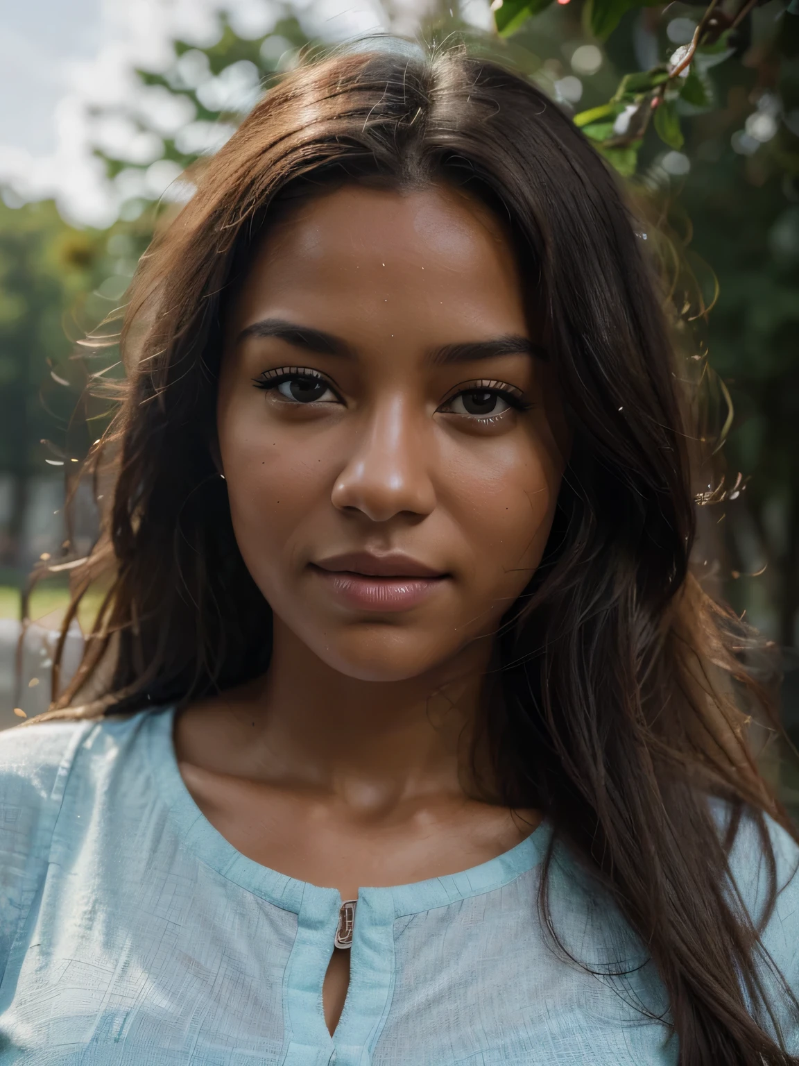 (best quality,highres,ultradetailliert:1.2), hdr, Ganz nah am Gesicht, sonniges Wetter, Beautiful girl, atemberaubenden Blick, Langes, wallende Haare, unbeschwerte Momente, portrait, dunkle Haut