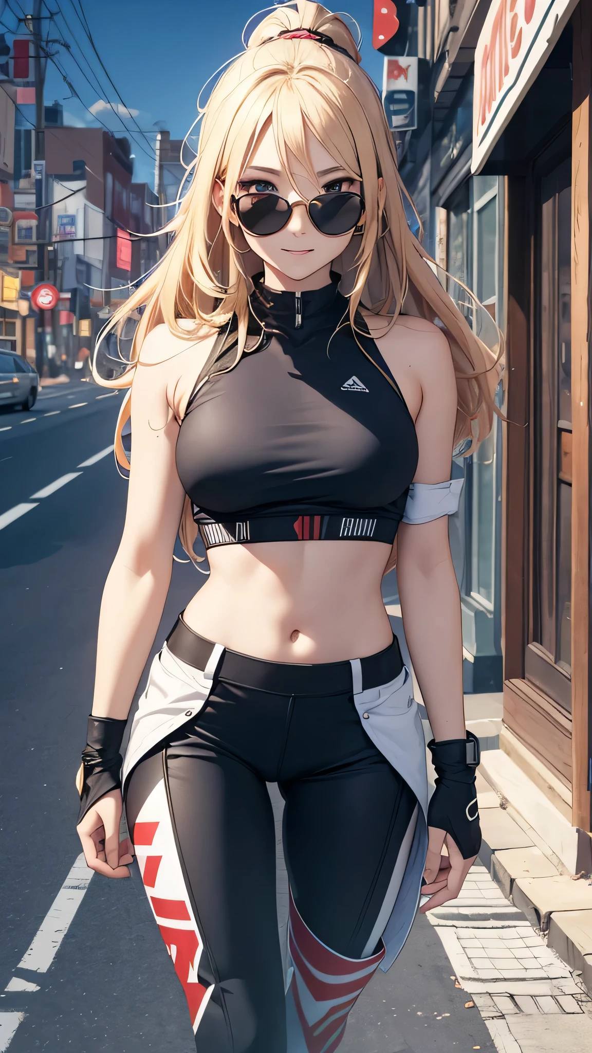 最high quality、best image quality、masterpiece、girl((20-year-old、 By becoming、vest bust、medium bust,wide open breast tea、shining eyes, blonde、long hair、thin,highest valley、ponytail、action of looking up、right arm bandage、Sportswear with a wide open chest、berry shorts、cool pose、holding a black smartphone、Cyber Sunglasses、tourer bike、grin and laugh,)),high quality、beautiful art、background((The road to the near future))、Flight、debris flies、Depth of written boundary、movie、visual art、perfect art、8k,genuine、
