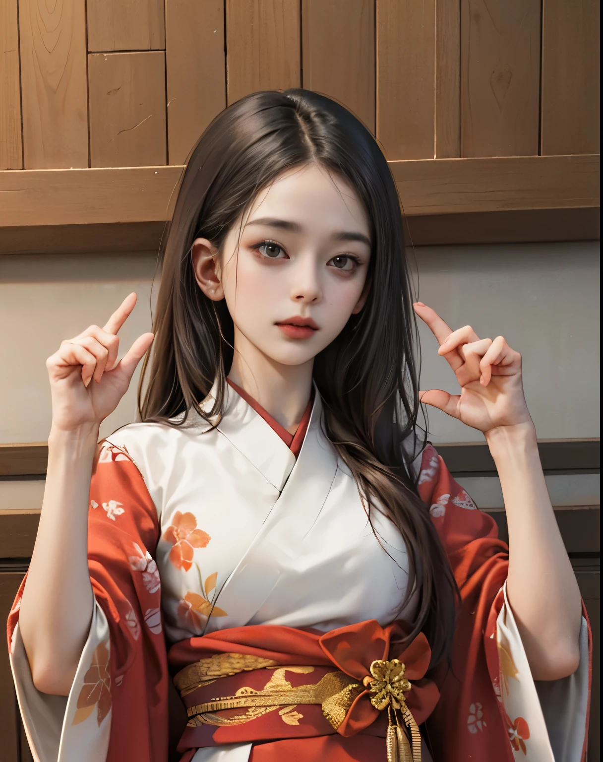 (Beautiful model appearing in Japanese kimono commercial), (alone), ((face is 70% beauty and elegance, 30% pretty and cute:1.5)), (Her roots are in Eastern Europe and Asia), clear eyes, (fine eyes, light green eyes, bright eyes), double eyelid, (Slightly thick and sexy lips:1.2), Super detailed and incredibly high resolution Kimono, Highly detailed facial texture, The color of the kimono is 65% red and 35% white,High resolution RAW color photo Professional photo, break ultra high-resolution textures, High resolution body rendering, an unparalleled masterpiece, incredible high resolution, Super detailed, stunning ceramic skin, break (鮮やかな赤たっぷりのwhiteい着物を着て), (メインカラーは優しいwhiteです, Bright red stands out, Black is an accent), (精巧に作られた古典的な日本のwhiteい着物), ((Bold pattern, be brave, Elegantly dyed in bright red, Features delicate accents)), (The black obi that goes well with this kimono), ((鮮やかな赤色に繊細で上品な柄が描かれたwhiteい着物)), japanese new year,shrine, ((highest quality, 8k))(correct hand shape:1.5),