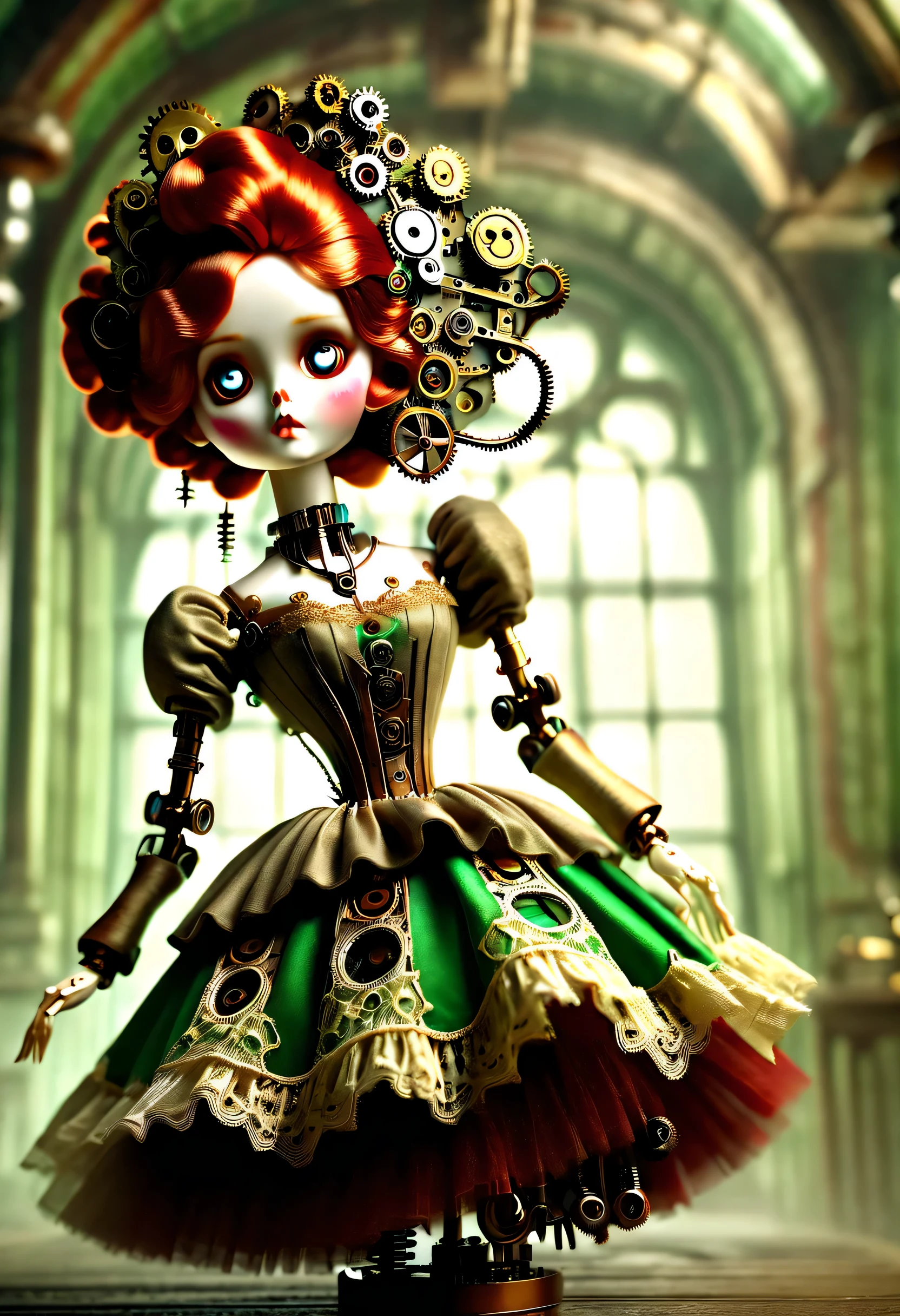 Doll design，Mechanical dolls，（Mechanically controlled doll dances ballet），Mechanical clockwork，gear，Mechanical device base，Insert the top screw key into the back of the doll，Extra long wavy red head，green skirt，rotate，dance，Motion ray tracing，discover realism，dramatic lighting，Aged and weathered appearance，Steampunk elements，Eerie and surreal atmosphere，Intricate lace pattern，Like composition，exquisite craft，Gothic aesthetics，strange beauty+，[high dynamic range]，[Fear]，[concept artist]，[keen focus]，[main]，[bright colors]，[Bokeh]，long range shot，See deeply，