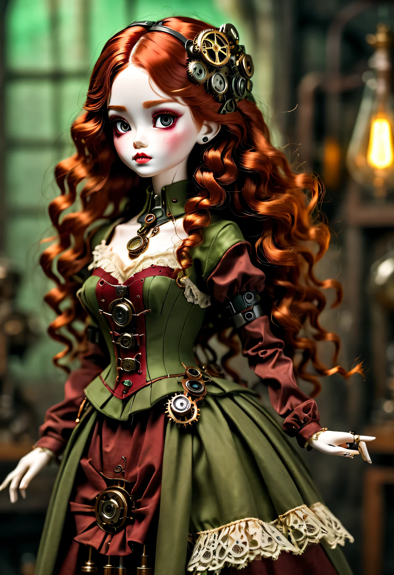 Doll design，Mechanical dolls，（机械gear和铁丝正在吊悬着控制着一个娃娃玩偶），Robot dolls，Mechanical clockwork，gear，（Mechanical device wooden base），（Insert the top screw key into the back of the doll），Extra long wavy red head，green skirt，discover realism，dramatic lighting，Aged and weathered appearance，Steampunk elements，Eerie and surreal atmosphere，Intricate lace pattern，Like composition，exquisite craft，Gothic aesthetics，strange beauty+，[high dynamic range]，[Fear]，[concept artist]，[keen focus]，[main]，[bright colors]，[Bokeh]，long range shot，See deeply，