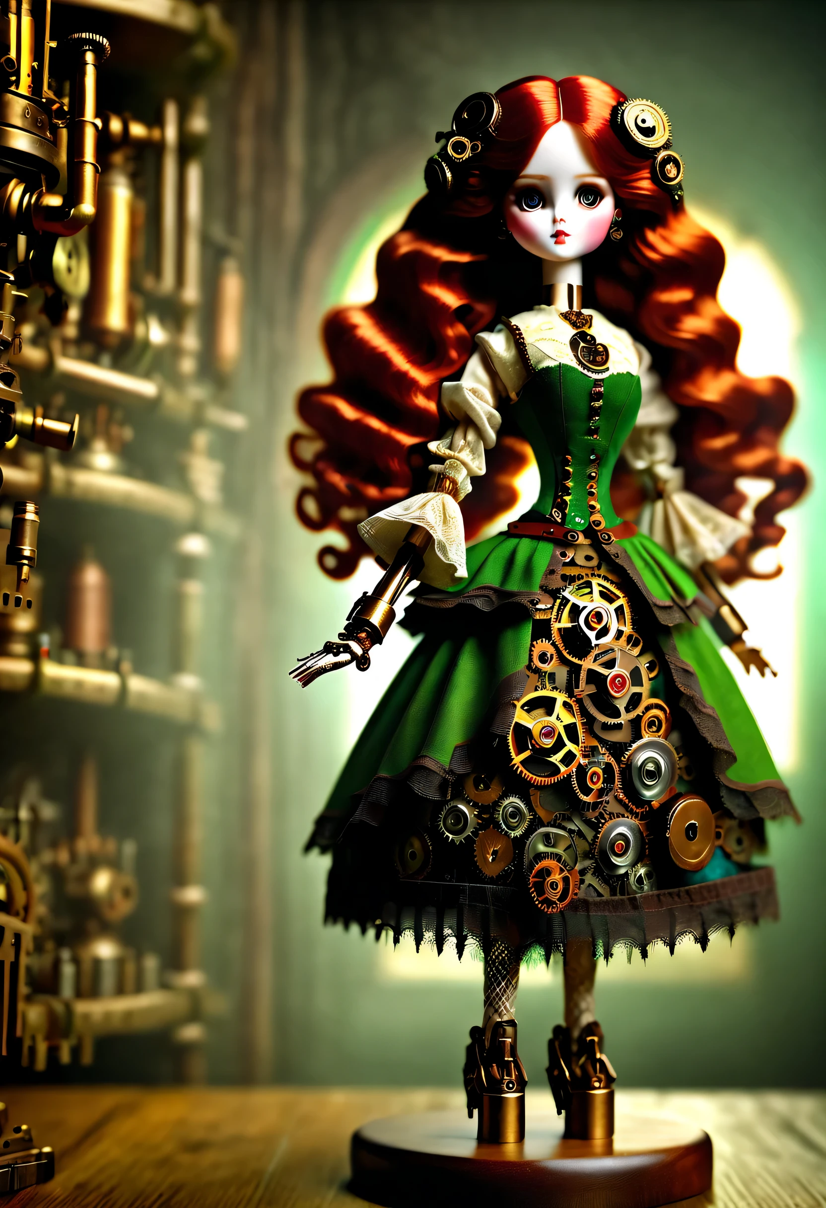 Doll design，Mechanical dolls，（机械gear和铁丝正在吊悬着控制着一个娃娃玩偶），dance mechanical clockwork，gear，（Mechanical device wooden base），（Insert the top screw key into the back of the doll），Extra long wavy red head，green skirt，discover realism，dramatic lighting，Aged and weathered appearance，Steampunk elements，Eerie and surreal atmosphere，Intricate lace pattern，Like composition，exquisite craft，Gothic aesthetics，strange beauty+，[high dynamic range]，[Fear]，[concept artist]，[keen focus]，[main]，[bright colors]，[Bokeh]，long range shot，See deeply，