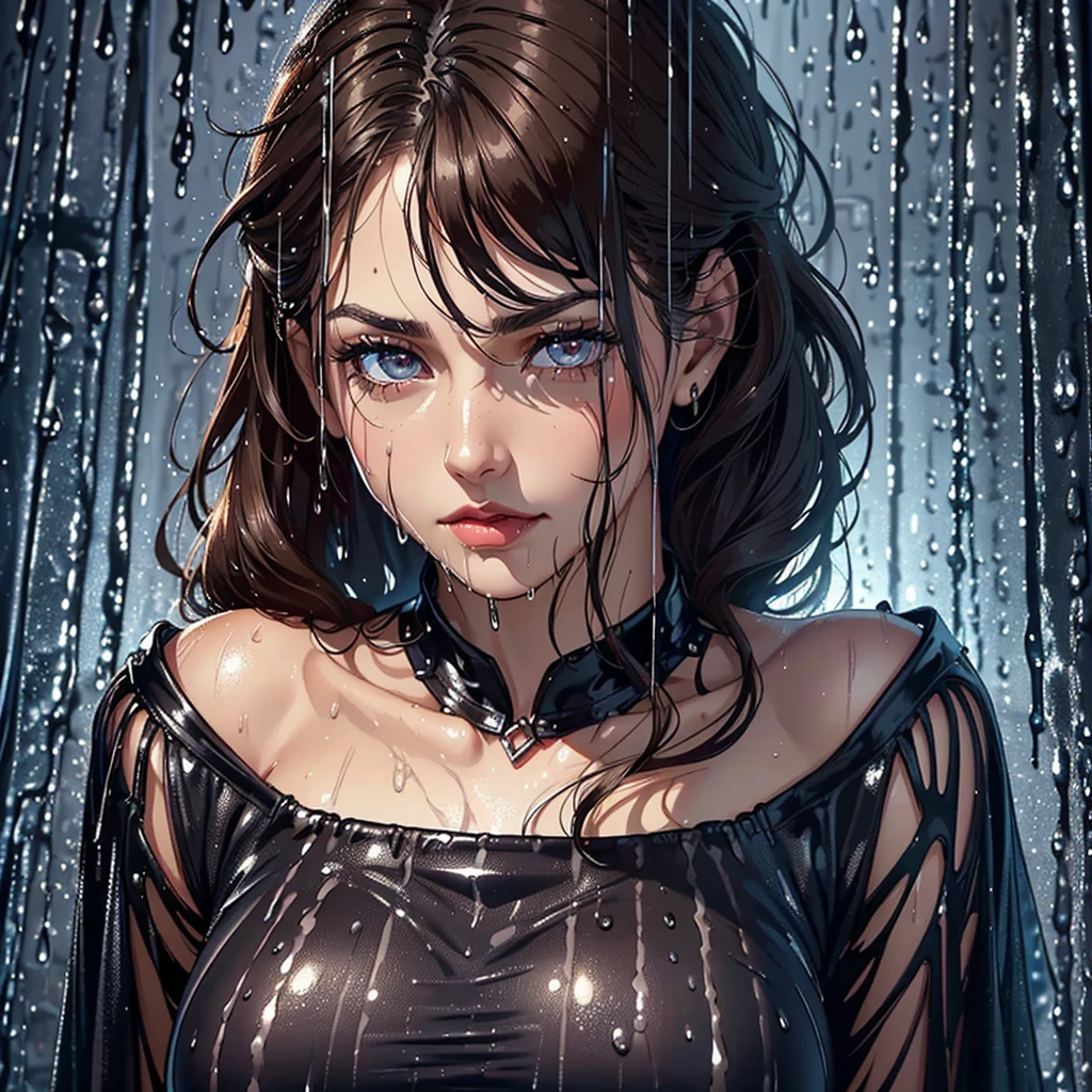 (Best quality, 4K, tmasterpiece :1.Beutiful women, 1 Sister, (, attractive body :1.2), Abs :1.1, dark brown hair: 1.1, (rainy wet, wet from rain, Soaked :1.2), The face very detailed, detailed lips, detailed eyes, double eyelid