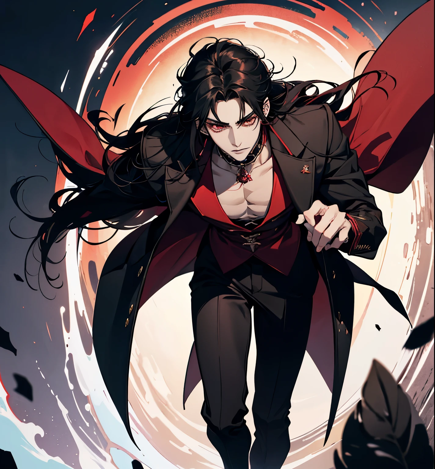 close up of a person in a red coat and black hair, alucard, full body xianxia, beautiful male god of death, vampire fashion, detailed anime character art, male vampire of clan banu haqim, full body black and red longcoat, l vampire, with his long black hair, androgynous vampire, detailed 20 year old male face, ultra realistic anime red eyes no emotions, INTJ, intelligent,