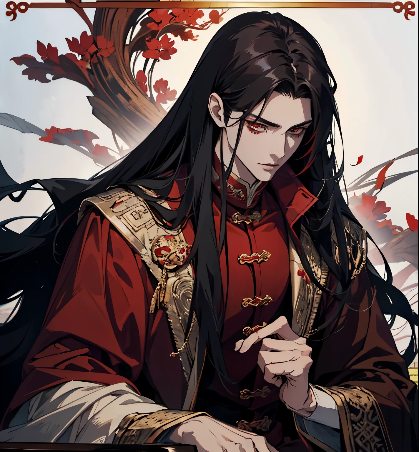 close up of a person in a red coat and black hair, alucard, full body xianxia, beautiful male god of death, vampire fashion, detailed anime character art, male vampire of clan banu haqim, full body black and red longcoat, l vampire, with his long black hair, androgynous vampire, detailed 20 year old male face, ultra realistic anime red eyes no emotions, INTJ, intelligent,