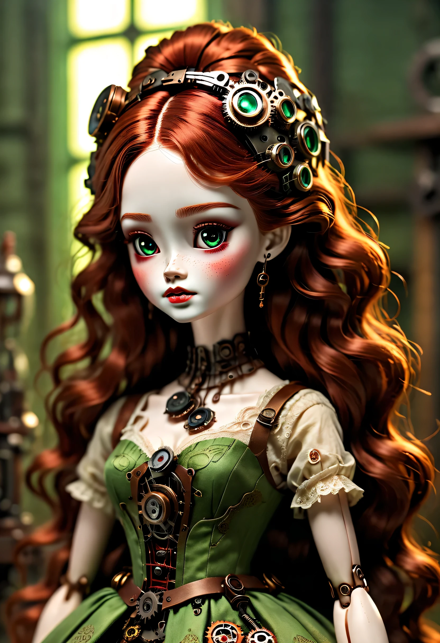 Doll design，Mechanical dolls，（机械gear和铁丝正在吊悬着控制着一个机器娃娃玩偶），Mechanical clockwork，gear，（Mechanical device wooden base），Robotic hands and feet，（Insert the top screw key into the back of the doll），Extra long wavy red head，green skirt，discover realism，small freckles，dramatic lighting，Swirl light movement，Aged and weathered appearance，Steampunk elements，Eerie and surreal atmosphere，Intricate lace pattern，Like composition，exquisite craft，Gothic aesthetics，strange beauty+，[high dynamic range]，[Fear]，[concept artist]，[keen focus]，[main]，[bright colors]，[Bokeh]，long range shot，See deeply，