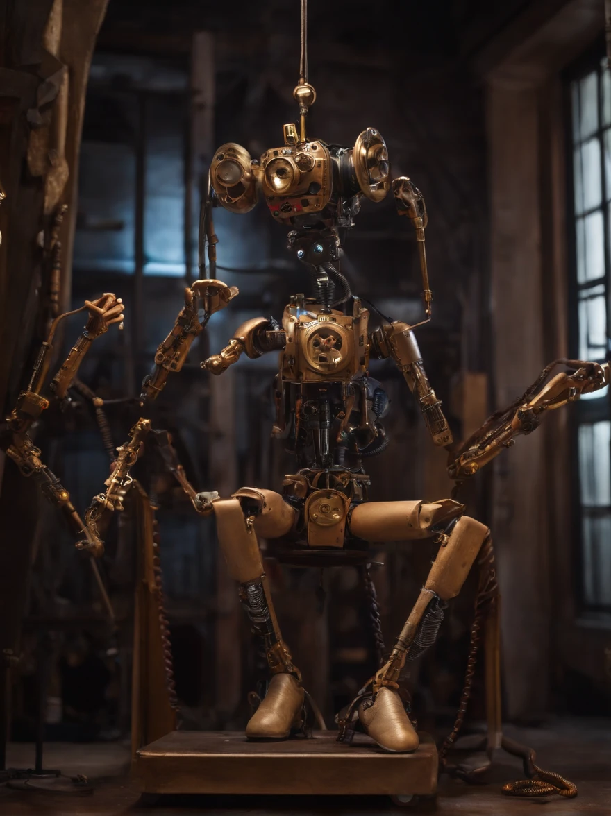 Create a complete mechanical puppet, legs and arms assembled from simulated studio equipment, a pair of headphones, neon eyes, Charming face