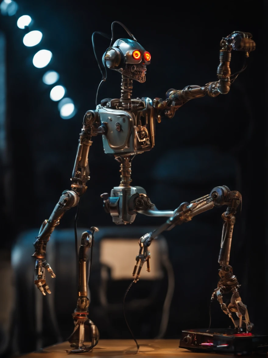 Create a complete mechanical puppet, legs and arms assembled from simulated studio equipment, a pair of headphones, neon eyes, Charming face