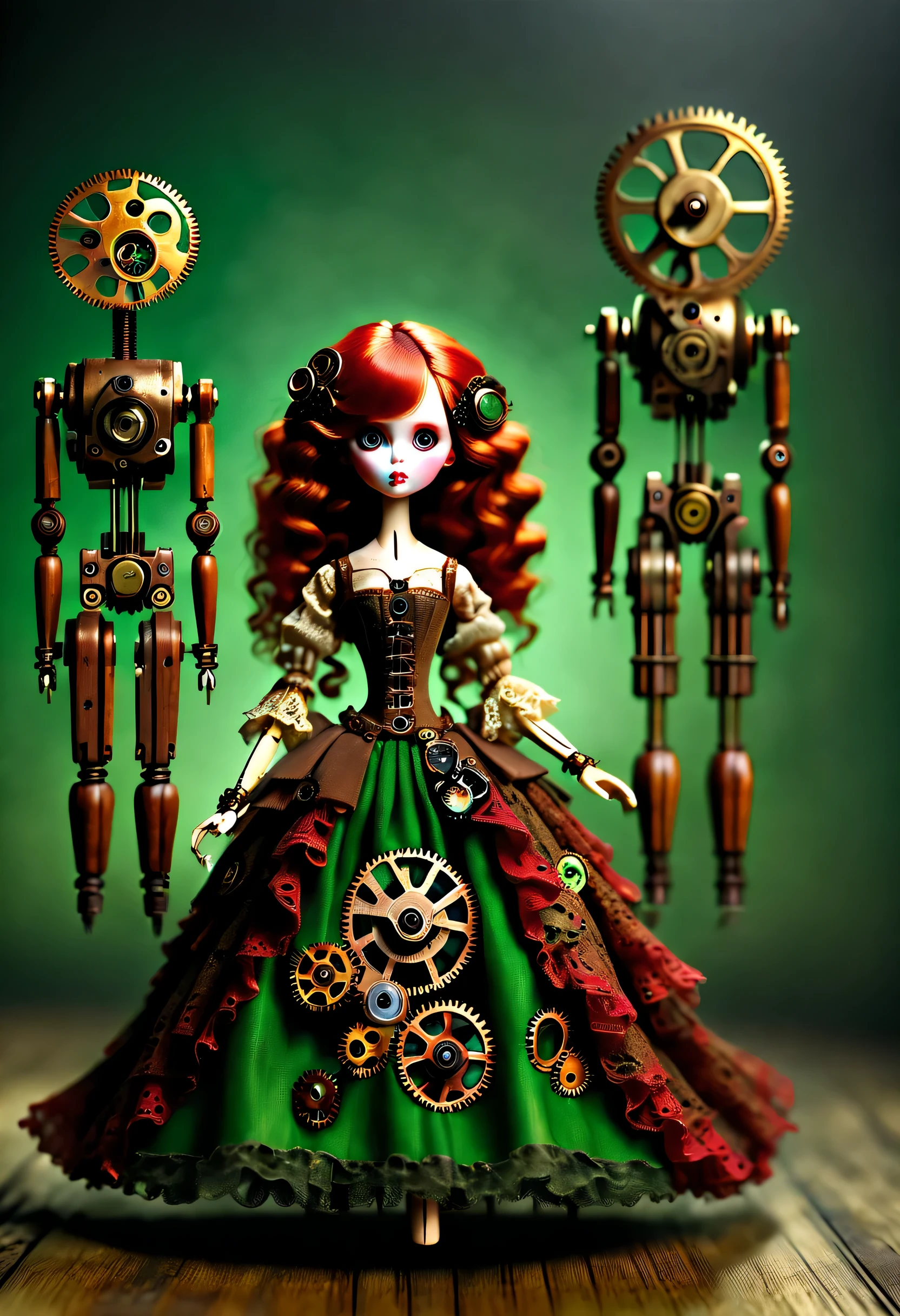 Doll design，Mechanical dolls，（机械gear和铁丝正在吊悬着控制着一个娃娃玩偶），（The doll&#39;s arms and legs are all mechanical devices），precise details，Construction is complex，dance mechanical clockwork，gear，（Mechanical device wooden base），（Insert the top screw key into the back of the doll），Extra long wavy red head，green skirt，discover realism，dramatic lighting，Aged and weathered appearance，Steampunk elements，Eerie and surreal atmosphere，Intricate lace pattern，Like composition，exquisite craft，Gothic aesthetics，strange beauty+，[high dynamic range]，[Fear]，[concept artist]，[keen focus]，[main]，[bright colors]，[Bokeh]，long range shot，See deeply，