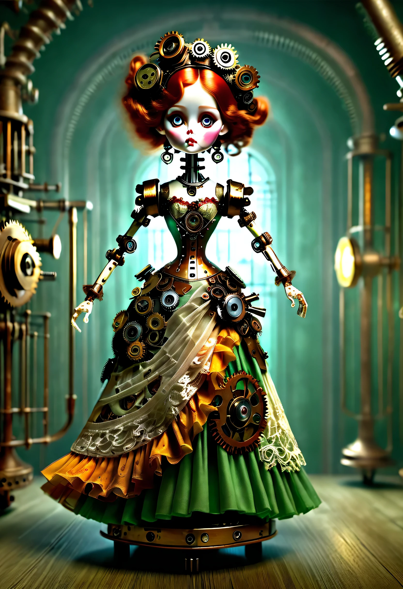 Doll design，Mechanical dolls，（Mechanically controlled doll dances ballet），Mechanical clockwork，gear，Mechanical device base，Insert the top screw key into the back of the doll，Extra long wavy red head，green skirt，rotate，dance，Motion ray tracing，discover realism，dramatic lighting，Aged and weathered appearance，Steampunk elements，Eerie and surreal atmosphere，Intricate lace pattern，Like composition，exquisite craft，Gothic aesthetics，strange beauty+，[high dynamic range]，[Fear]，[concept artist]，[keen focus]，[main]，[bright colors]，[Bokeh]，long range shot，See deeply，blue，tangerine，