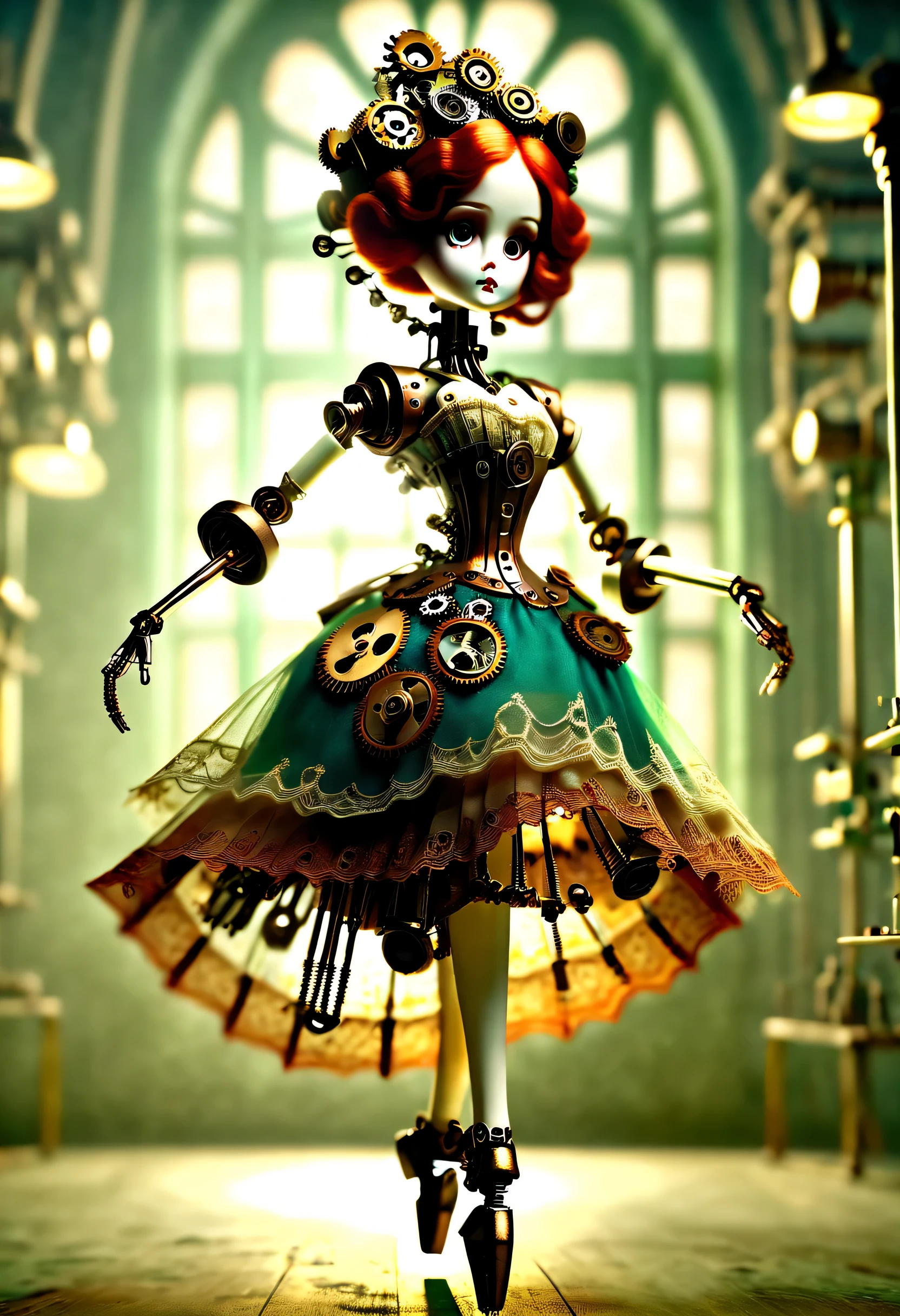 Doll design，Mechanical dolls，（Mechanically controlled doll dances ballet），Mechanical clockwork，gear，Mechanical device base，Insert the top screw key into the back of the doll，Extra long wavy red head，green skirt，rotate，dance，Motion ray tracing，discover realism，dramatic lighting，Aged and weathered appearance，Steampunk elements，Eerie and surreal atmosphere，Intricate lace pattern，Like composition，exquisite craft，Gothic aesthetics，strange beauty+，[high dynamic range]，[Fear]，[concept artist]，[keen focus]，[main]，[bright colors]，[Bokeh]，long range shot，See deeply，blue，tangerine，