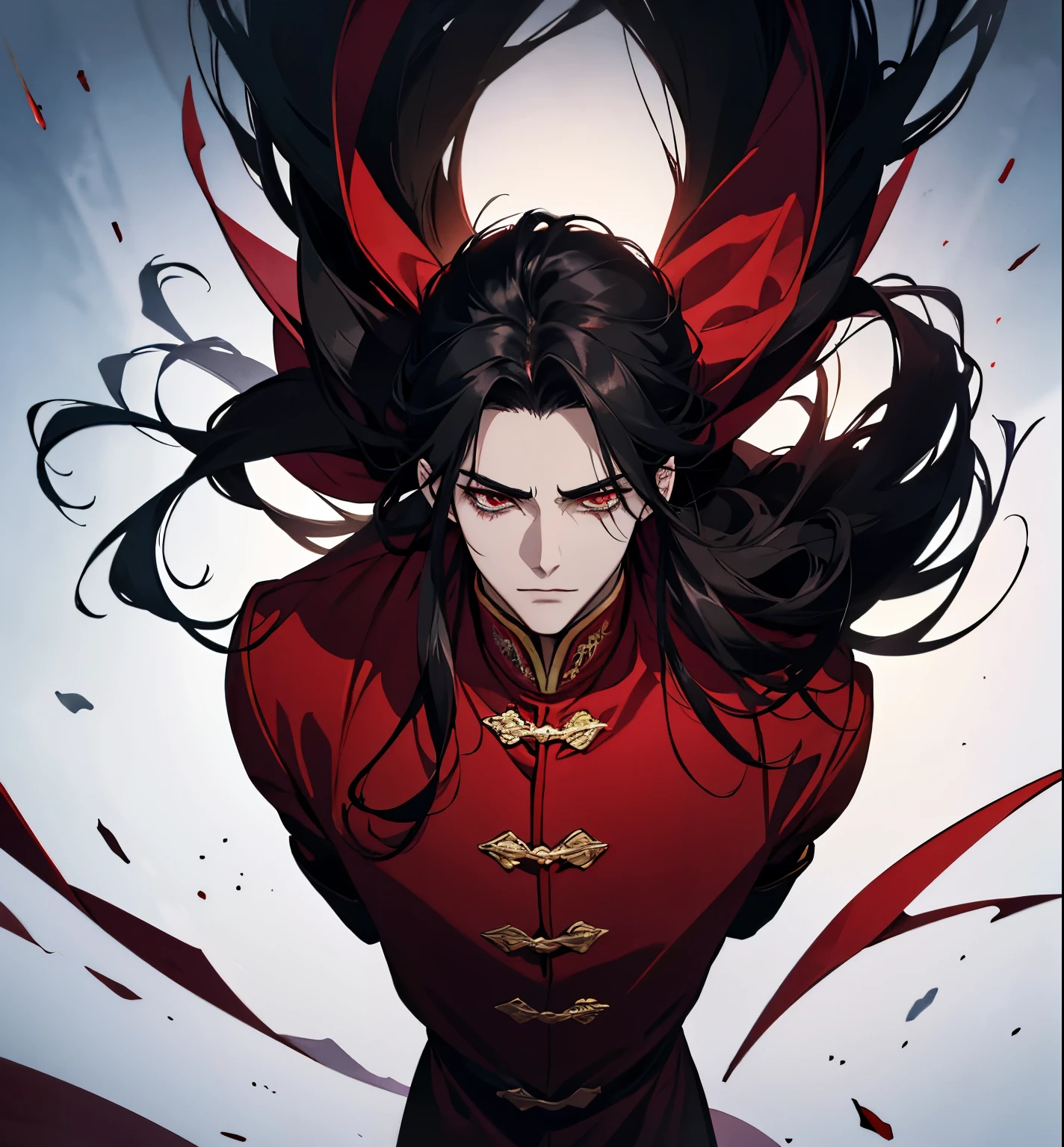 close up of a person in a red coat and black hair, alucard, full body xianxia, beautiful male god of death, vampire fashion, detailed anime character art, male vampire of clan banu haqim, full body black and red longcoat, l vampire, with his long black hair, androgynous vampire, detailed 20 year old male face, ultra realistic anime red eyes no emotions, INTJ, intelligent,
