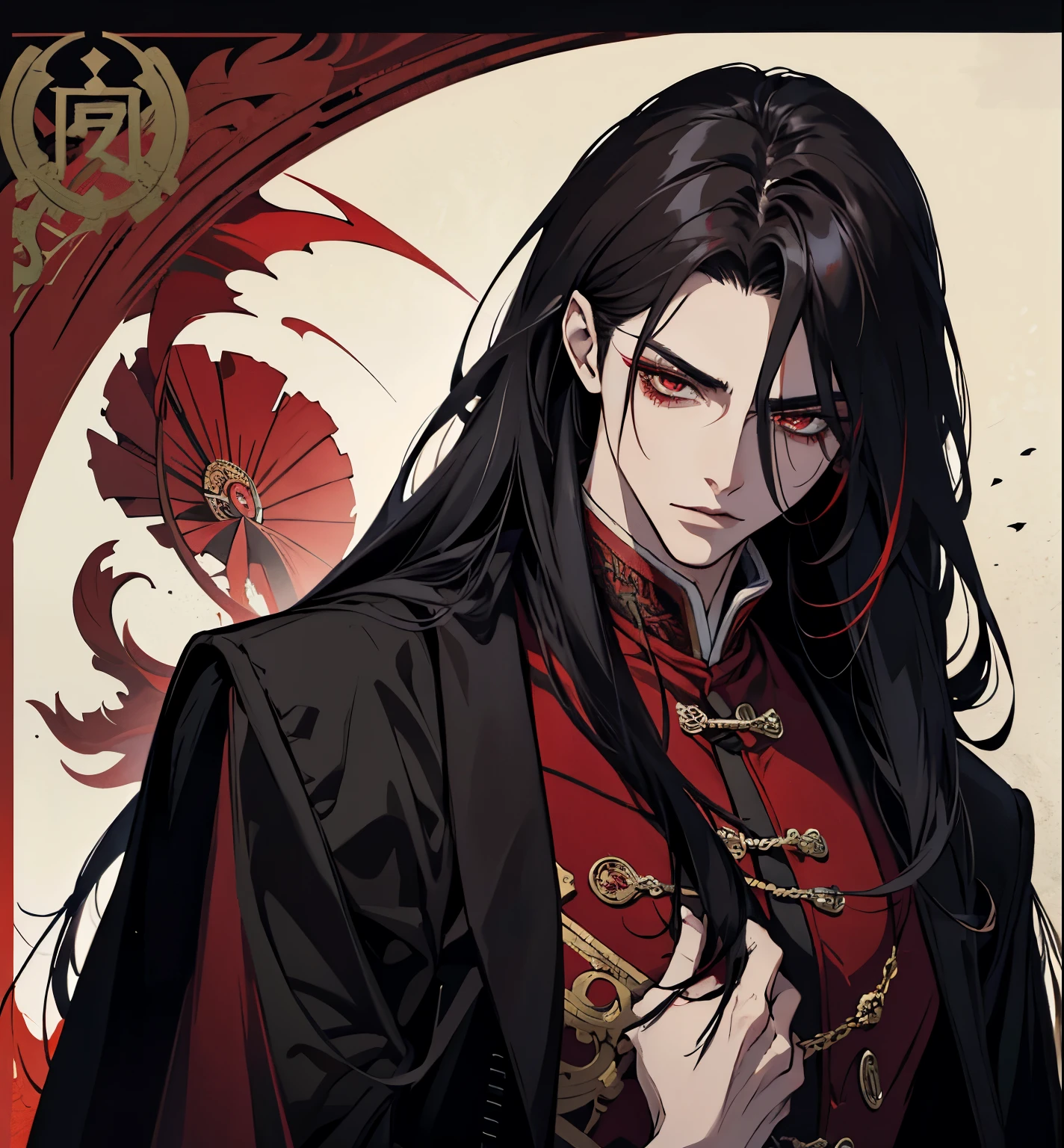 close up of a person in a red coat and black hair, alucard, full body xianxia, beautiful male god of death, vampire fashion, detailed anime character art, male vampire of clan banu haqim, full body black and red longcoat, l vampire, with his long black hair, androgynous vampire, detailed 20 year old male face, ultra realistic anime red eyes no emotions, INTJ, intelligent,