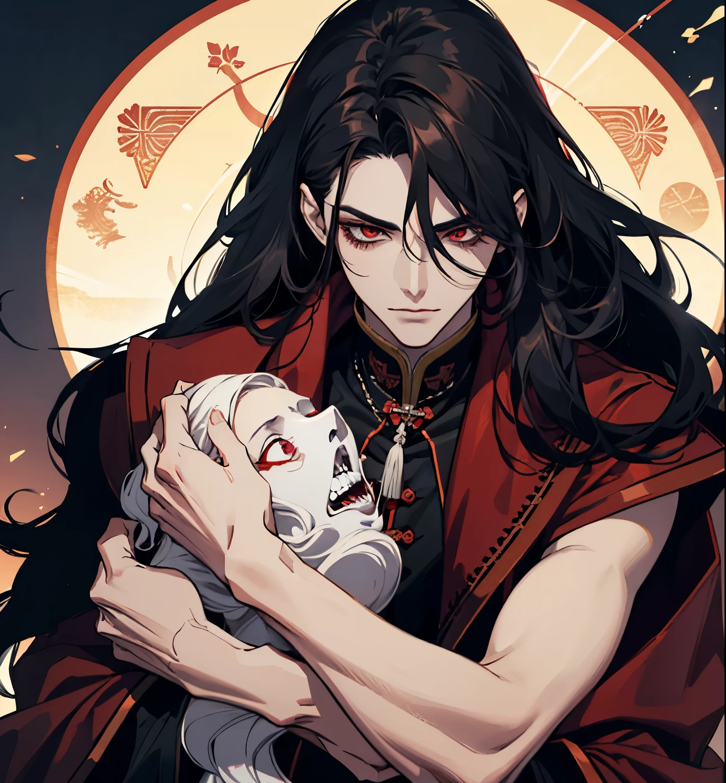 close up of a person in a red coat and black hair, alucard, full body xianxia, beautiful male god of death, vampire fashion, detailed anime character art, male vampire of clan banu haqim, full body black and red longcoat, l vampire, with his long black hair, androgynous vampire, detailed 20 year old male face, ultra realistic anime red eyes no emotions, INTJ, intelligent,