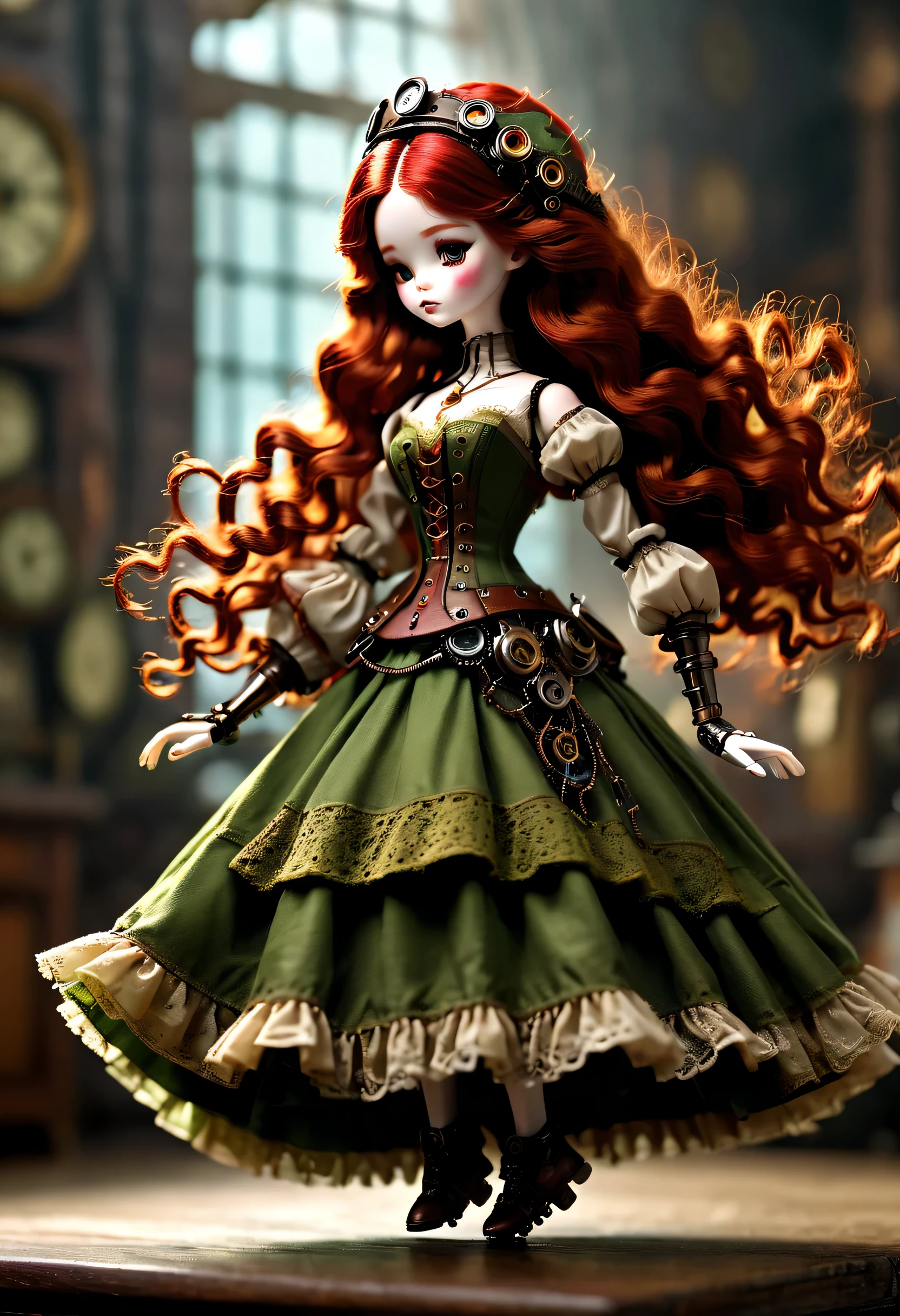 Doll design，Mechanical dolls，（机械gear和铁丝正在吊悬着控制着一个娃娃玩偶），Mechanical clockwork，gear，（Mechanical device wooden base），Robotic hands and feet，（Insert the top screw key into the back of the doll），Extra long wavy red head，green skirt，discover realism，small freckles，dramatic lighting，Swirl light movement，Aged and weathered appearance，Steampunk elements，Eerie and surreal atmosphere，Intricate lace pattern，Like composition，exquisite craft，Gothic aesthetics，strange beauty+，[high dynamic range]，[Fear]，[concept artist]，[keen focus]，[main]，[bright colors]，[Bokeh]，long range shot，See deeply，