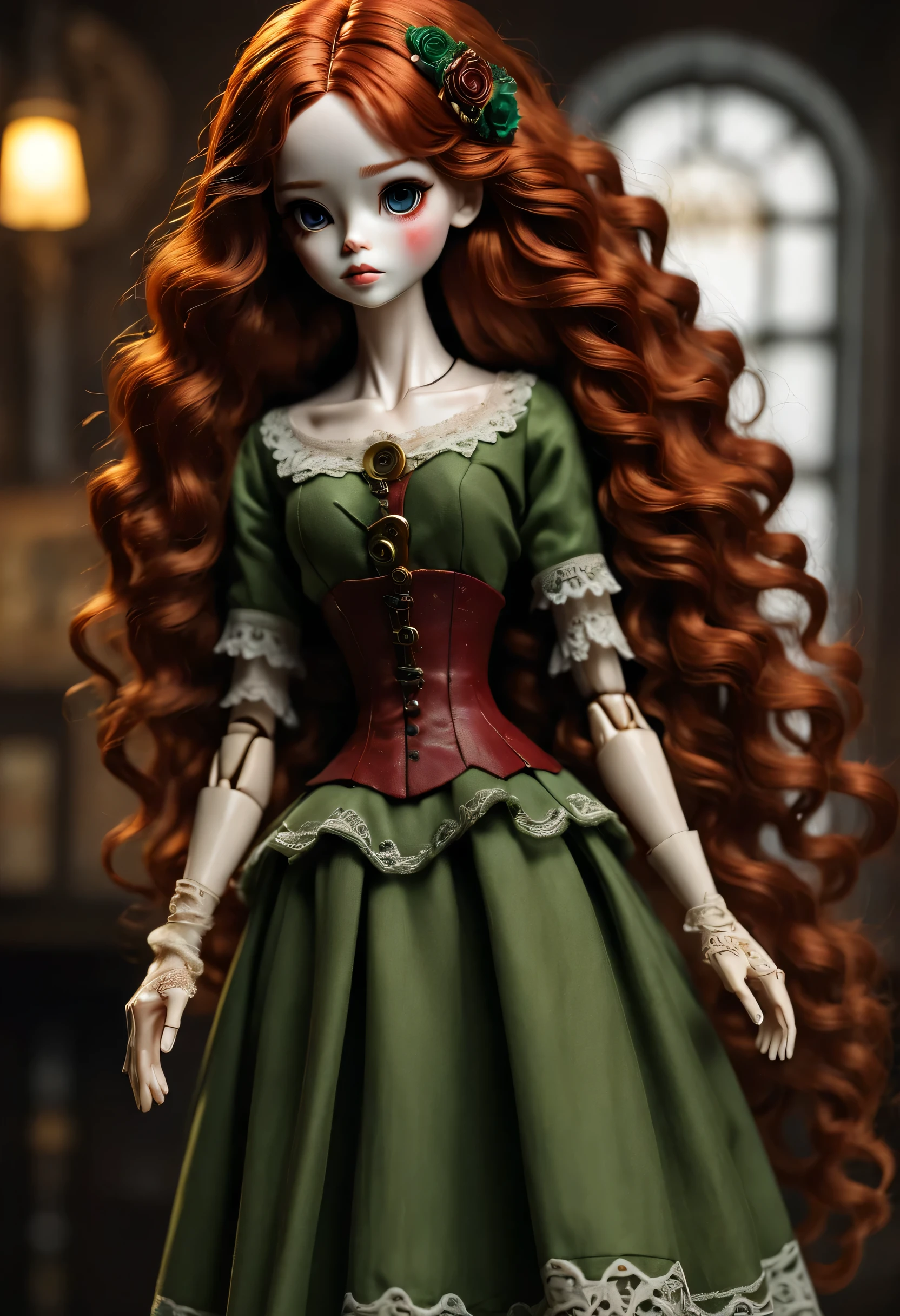 Doll design，Mechanical dolls，（机械gear和铁丝正在吊悬着控制着一个机器娃娃玩偶），Mechanical clockwork，gear，（Mechanical device wooden base），Robotic hands and feet，（Insert the top screw key into the back of the doll），Extra long wavy red head，green skirt，discover realism，small freckles，dramatic lighting，Swirl light movement，Aged and weathered appearance，Steampunk elements，Eerie and surreal atmosphere，Intricate lace pattern，Like composition，exquisite craft，Gothic aesthetics，strange beauty+，[high dynamic range]，[Fear]，[concept artist]，[keen focus]，[main]，[bright colors]，[Bokeh]，long range shot，See deeply，