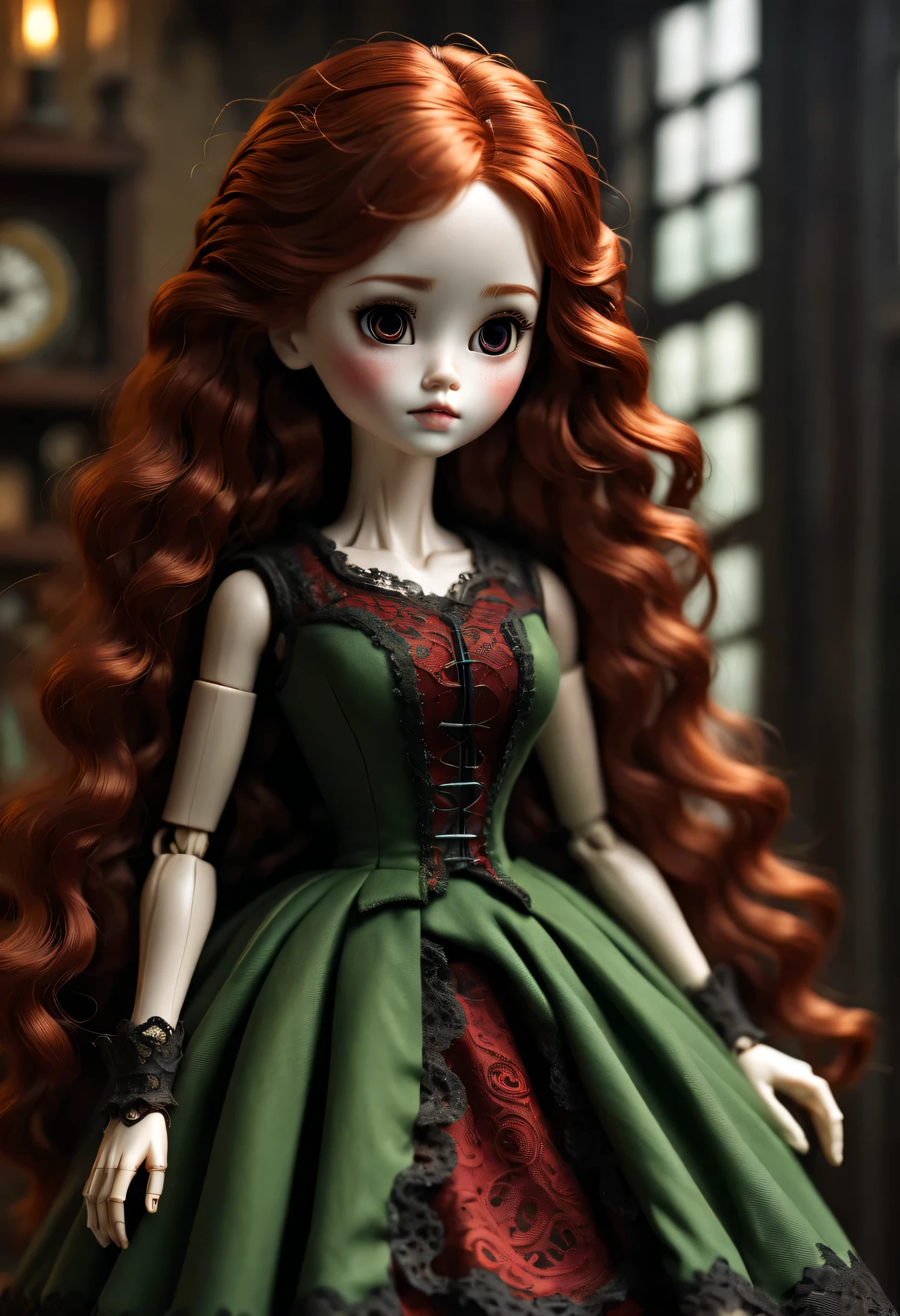 Doll design，Mechanical dolls，（机械gear和铁丝正在吊悬着控制着一个机器娃娃玩偶），Mechanical clockwork，gear，（Mechanical device wooden base），Robotic hands and feet，（Insert the top screw key into the back of the doll），Extra long wavy red head，green skirt，discover realism，small freckles，dramatic lighting，Swirl light movement，Aged and weathered appearance，Steampunk elements，Eerie and surreal atmosphere，Intricate lace pattern，Like composition，exquisite craft，Gothic aesthetics，strange beauty+，[high dynamic range]，[Fear]，[concept artist]，[keen focus]，[main]，[bright colors]，[Bokeh]，long range shot，See deeply，