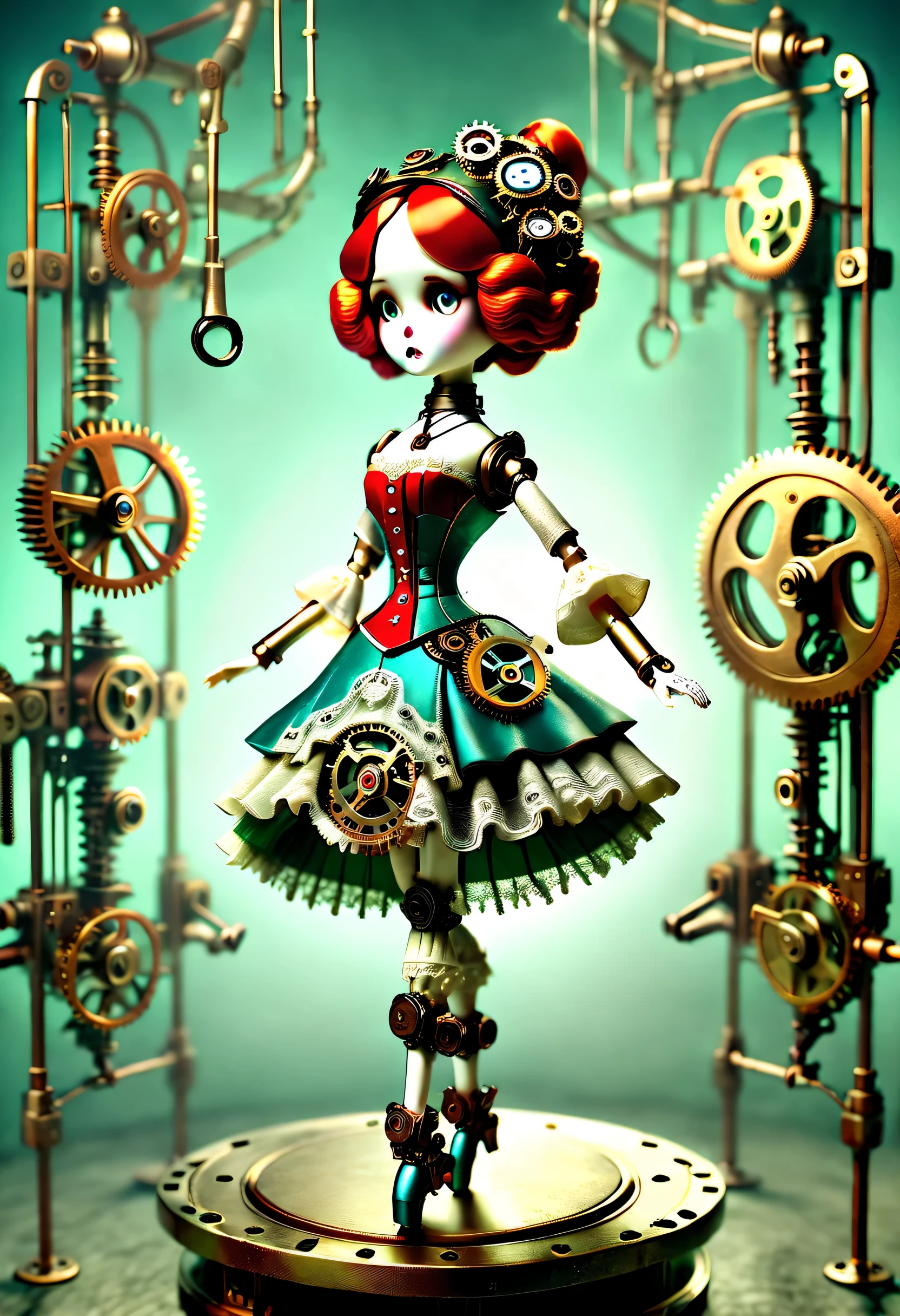 Doll design，Mechanical dolls，（Mechanical controls for Snowy machines&#39;Working doll is dancing ballet：1.3），Mechanical clockwork，gear，Mechanical device base，Insert the top screw key into the back of the doll，Extra long wavy red head，green skirt，rotate，dance，Motion ray tracing，discover realism，dramatic lighting，Aged and weathered appearance，Steampunk elements，Eerie and surreal atmosphere，Intricate lace pattern，Like composition，exquisite craft，Gothic aesthetics，strange beauty+，[high dynamic range]，[Fear]，[concept artist]，[keen focus]，[main]，[bright colors]，[Bokeh]，long range shot，See deeply，blue，tangerine，