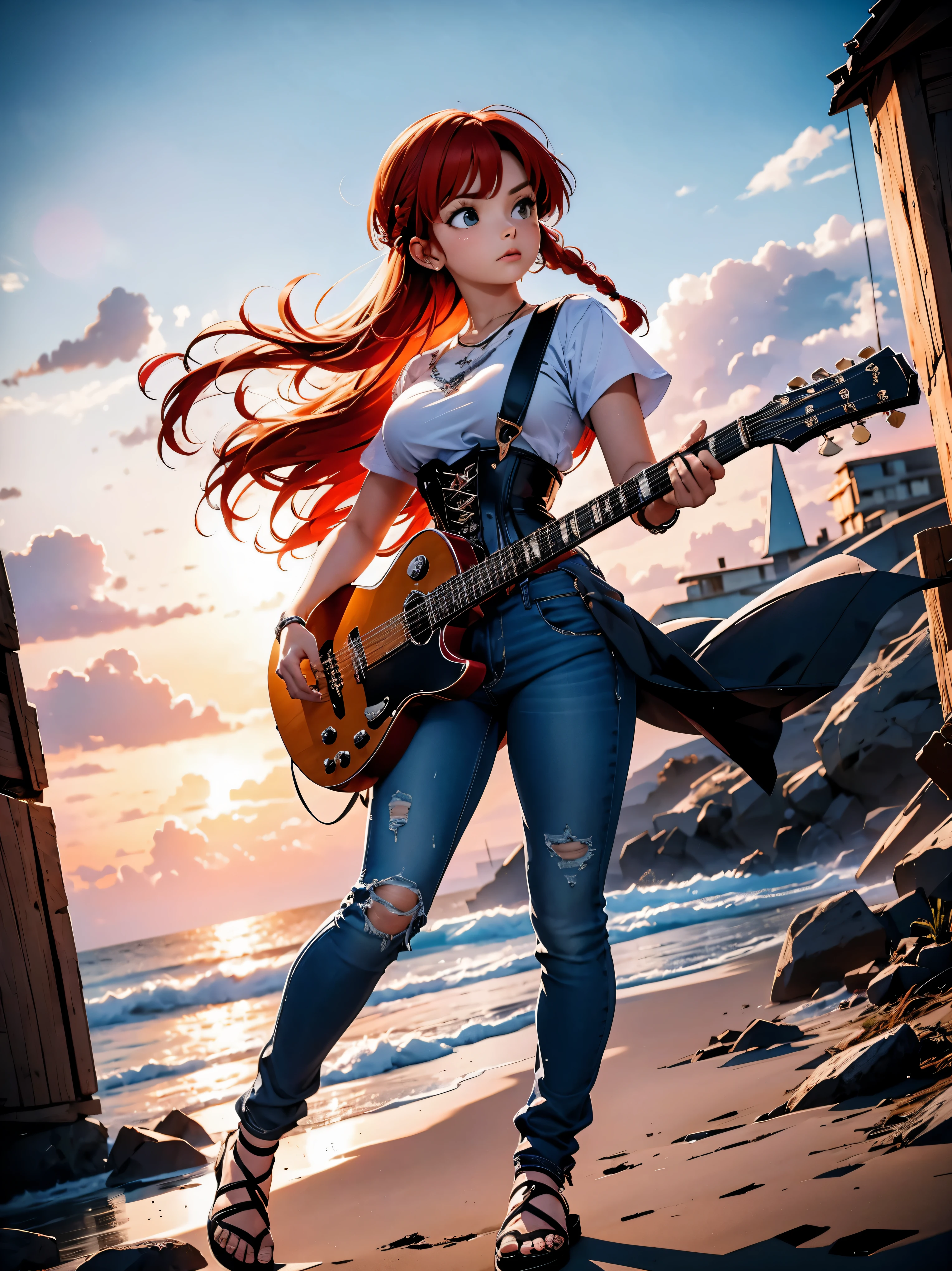 Garota Ruiva de anime guitarrista, guitarist girl em bermuda jeans e corset preto e guitarra preta, 15 anos, corpo bonito, seios grandes, tocando guitarra eletrica, estilo heavy metal, tema da banda Iron Maiden, Garota sexy, red hair with braid, beautiful lighting, sombras suaves, olhos azuis, pernas bonitas, hair with braid, estilo anime, Ranma Chan, Autora Rumiko Takahashi, Baseado em obra de Rumiko Takahashi, Anime Ranma 1/ 2, decote sexy, quadril robusto, corpo inteiro, corpo inteiro, busto grande, garota jovem com corpo belo e bonito, sandals on his feet, garota 15 anos jovem baixa estatura, vestindo short jeans e corset, garota anime, estilo anime, beautiful feet in sandals, 45° viewing angle, ao ar livre, hair braid vermelho, grande , peito grande, hair braid, garota guitarrista, Heavy metal music, braided hair blown by strong wind, guitar in hands, tocando guitarra, vento forte, guitarra preta