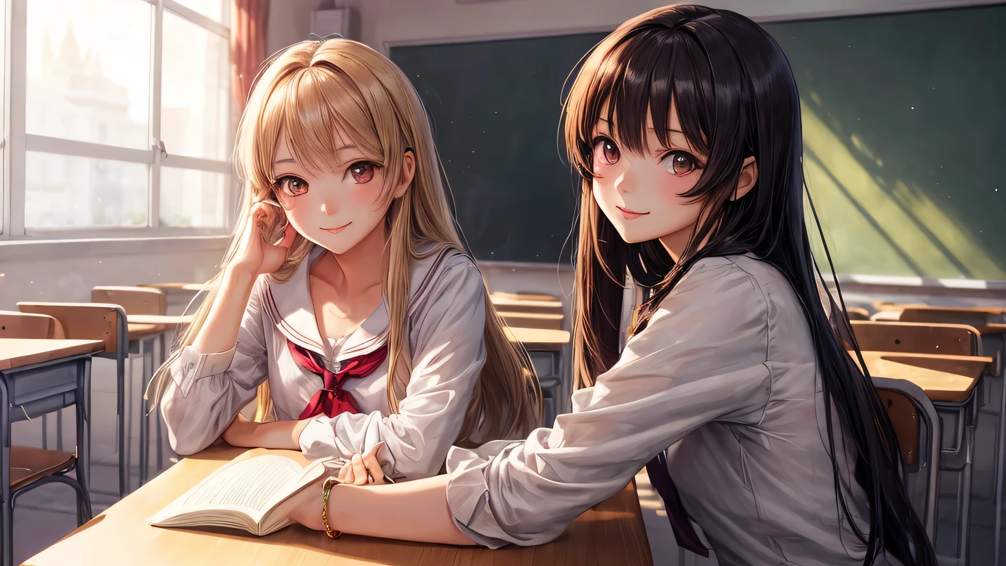 1young girl, long hair, brown eyes, (smile slightly, Innocent and cute expression), model, Enchanting, Sublime, Ethereal, fantastic, indoors, (Bokeh), (anime , anime illustration), school, classroom, depth of fields,